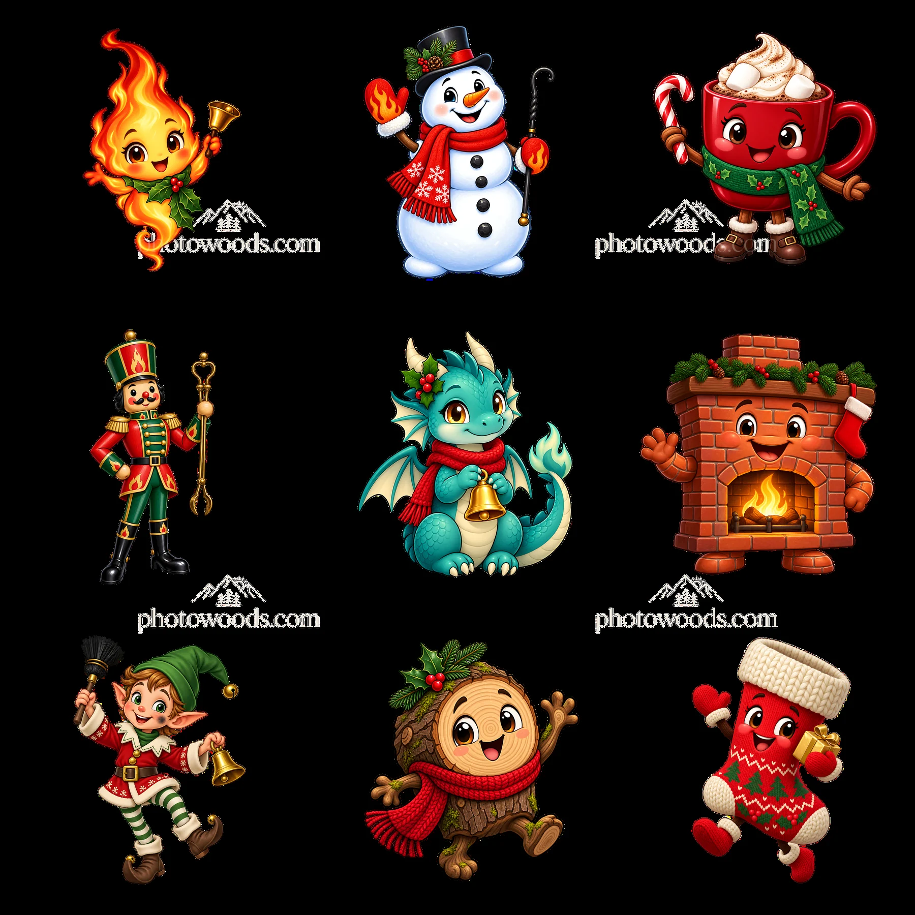 Christmas characters around a fireplace in a 3x3 grid - AI-generated stock image