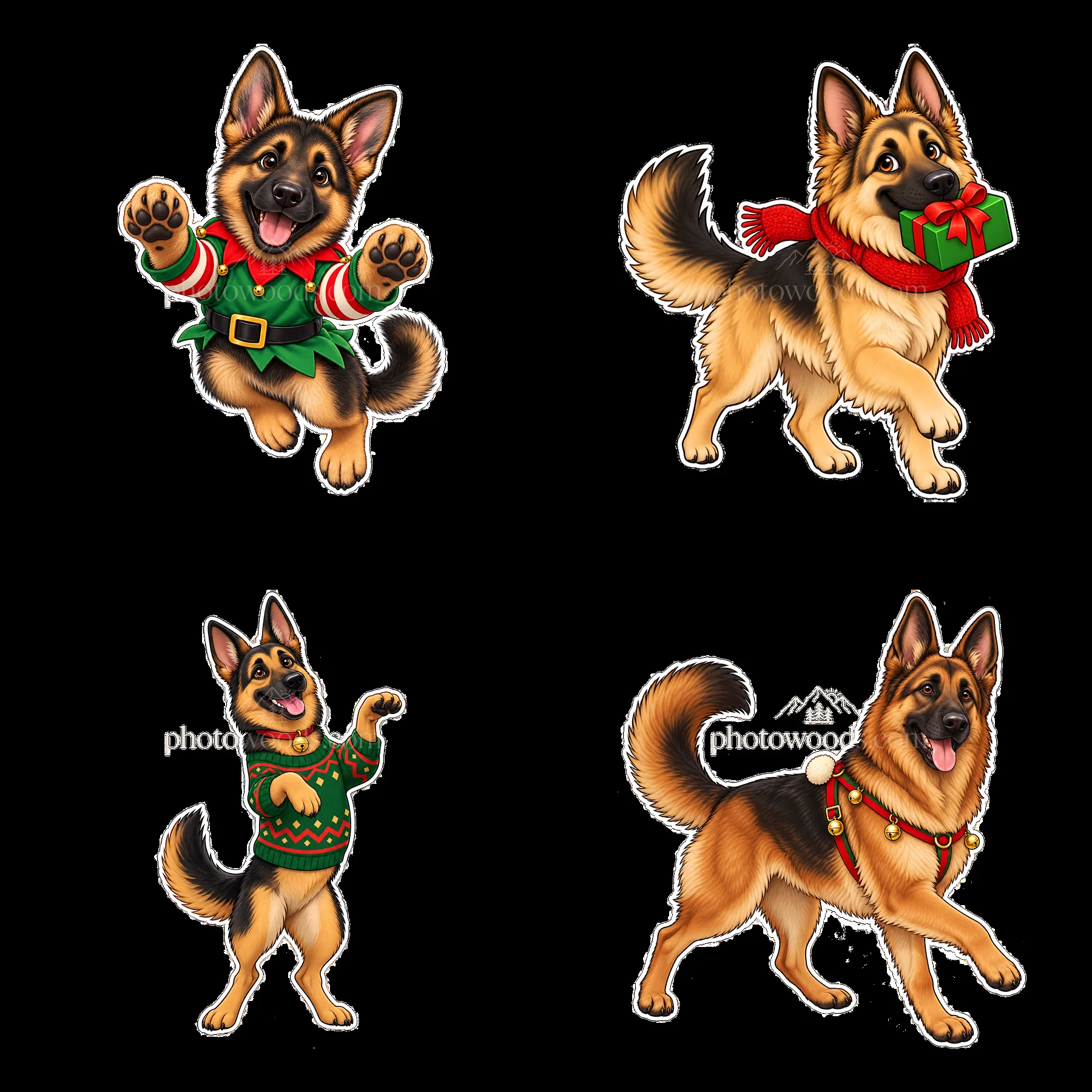 Christmas German Shepherds in festive outfits and accessories - AI-generated stock image
