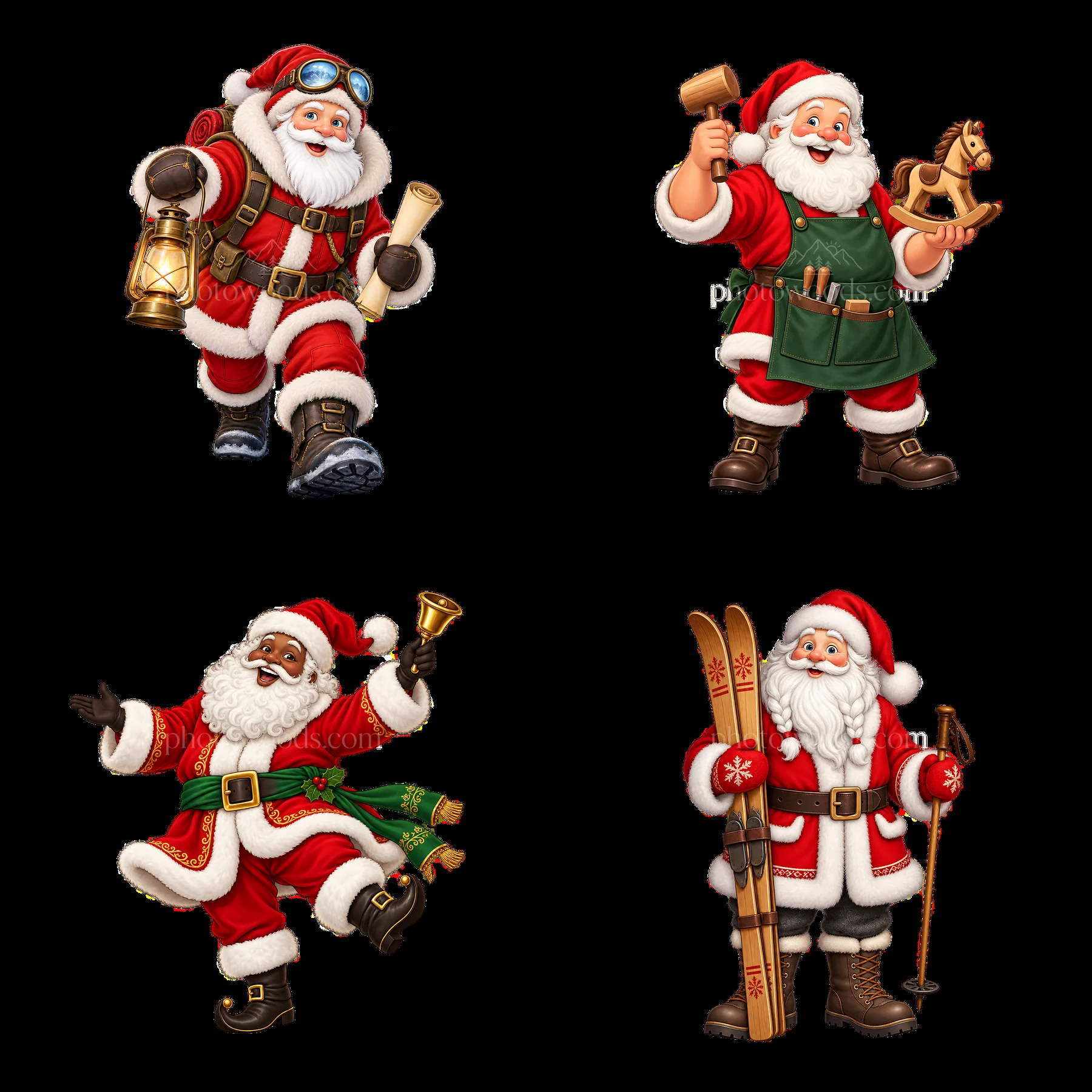 Santa Claus in different activities and outfits in a bright layout - AI-generated stock image