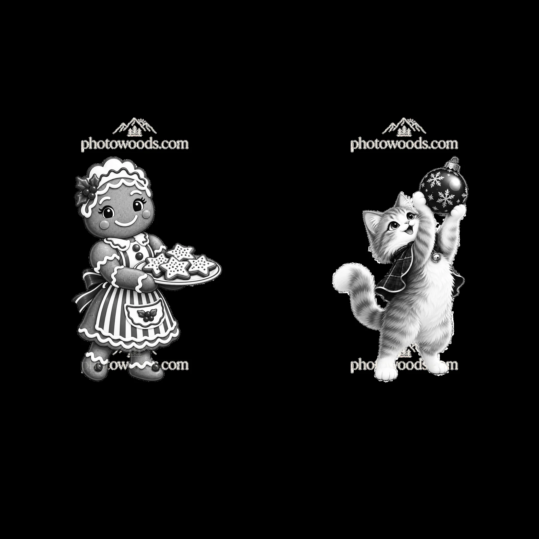 Gingerbread girl holds cookies near playful cat with ornament
