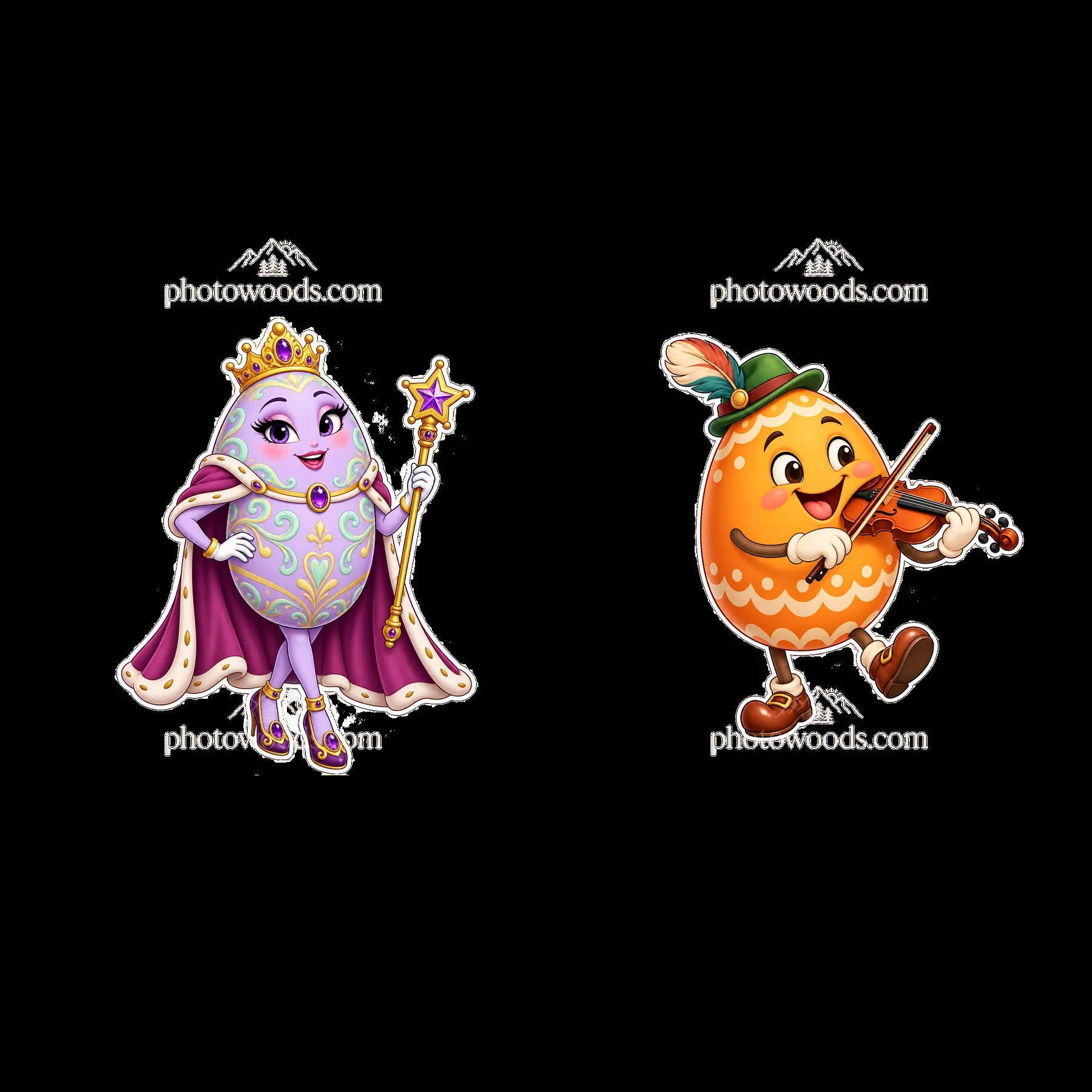 Easter egg characters with a crown and a violin in a colorful design - AI-generated stock image
