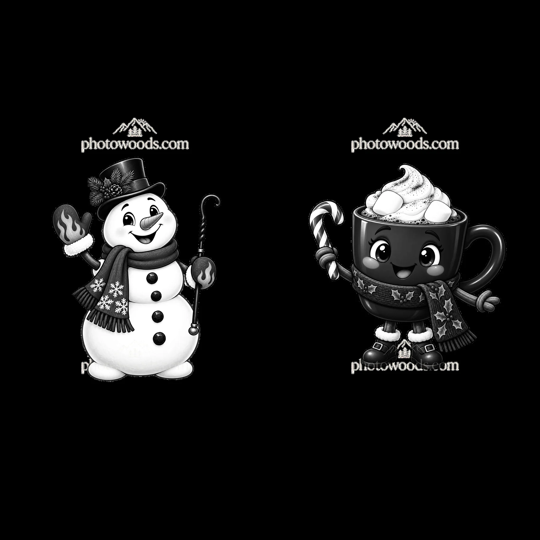 Snowman with a candy cane and cocoa mug with whipped cream - AI-generated stock image