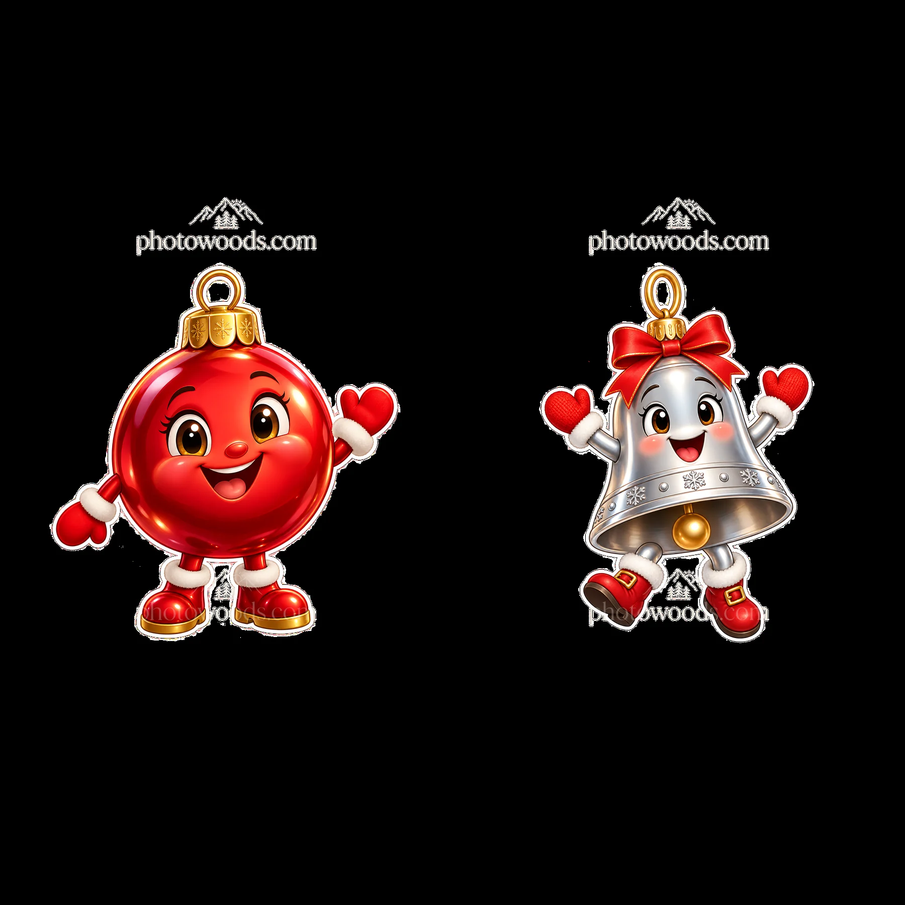 Christmas ornament characters with bell and round ornament - AI-generated stock image