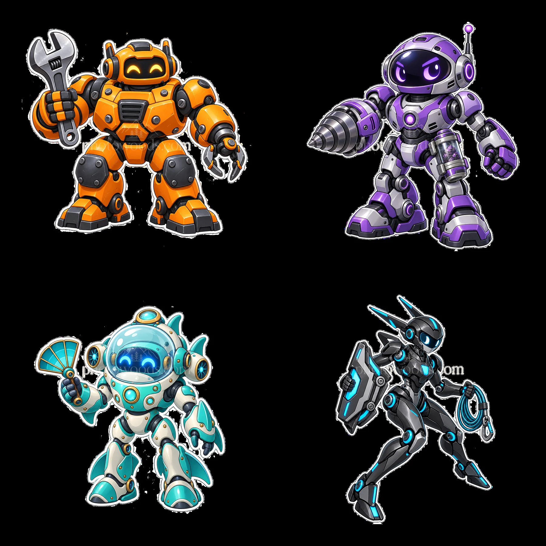 Cartoon mech robots in different colors and poses - AI-generated stock image