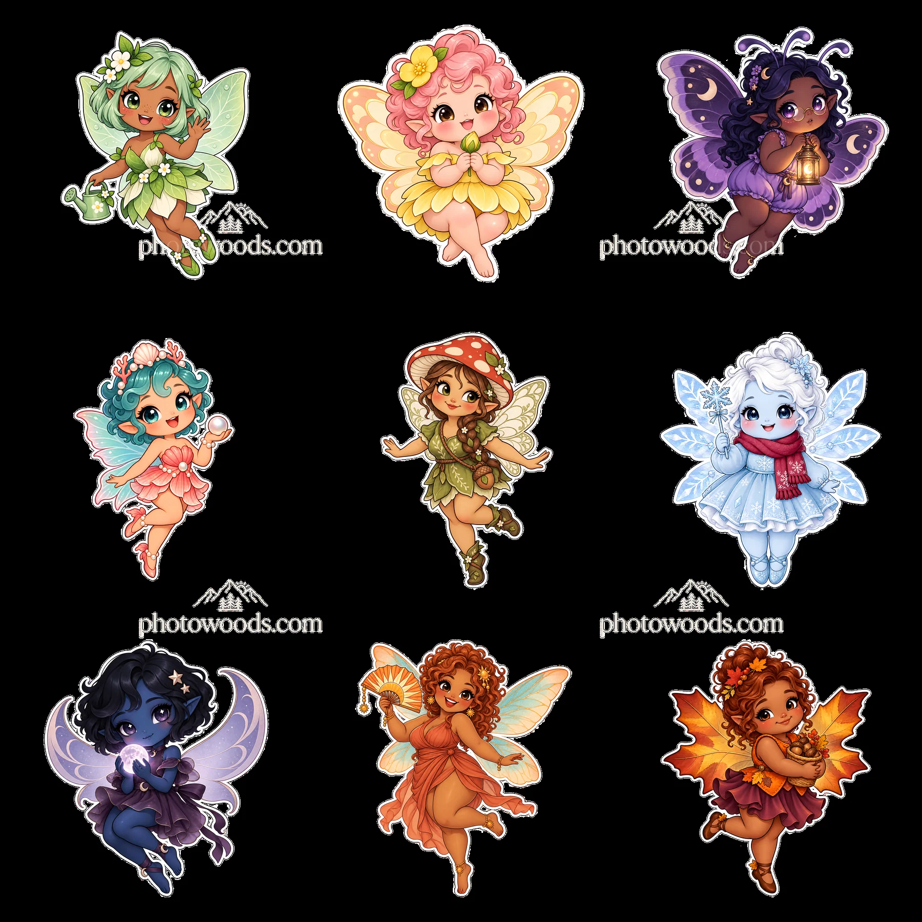 Kawaii chubby fairies in colorful costumes arranged in a grid - AI-generated stock image