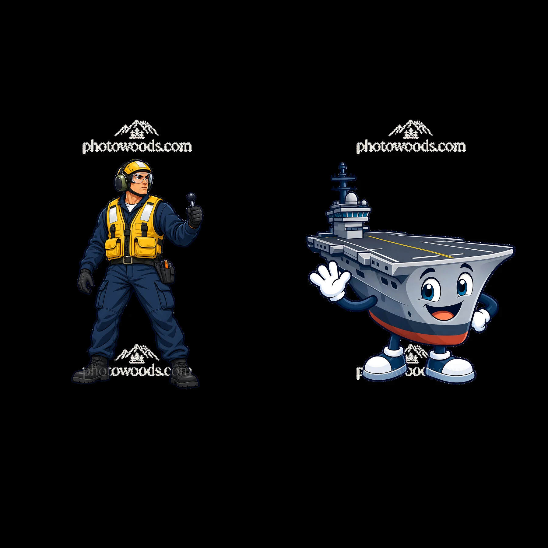 Cartoon aircraft carrier and pilot character sticker illustration - AI-generated stock image