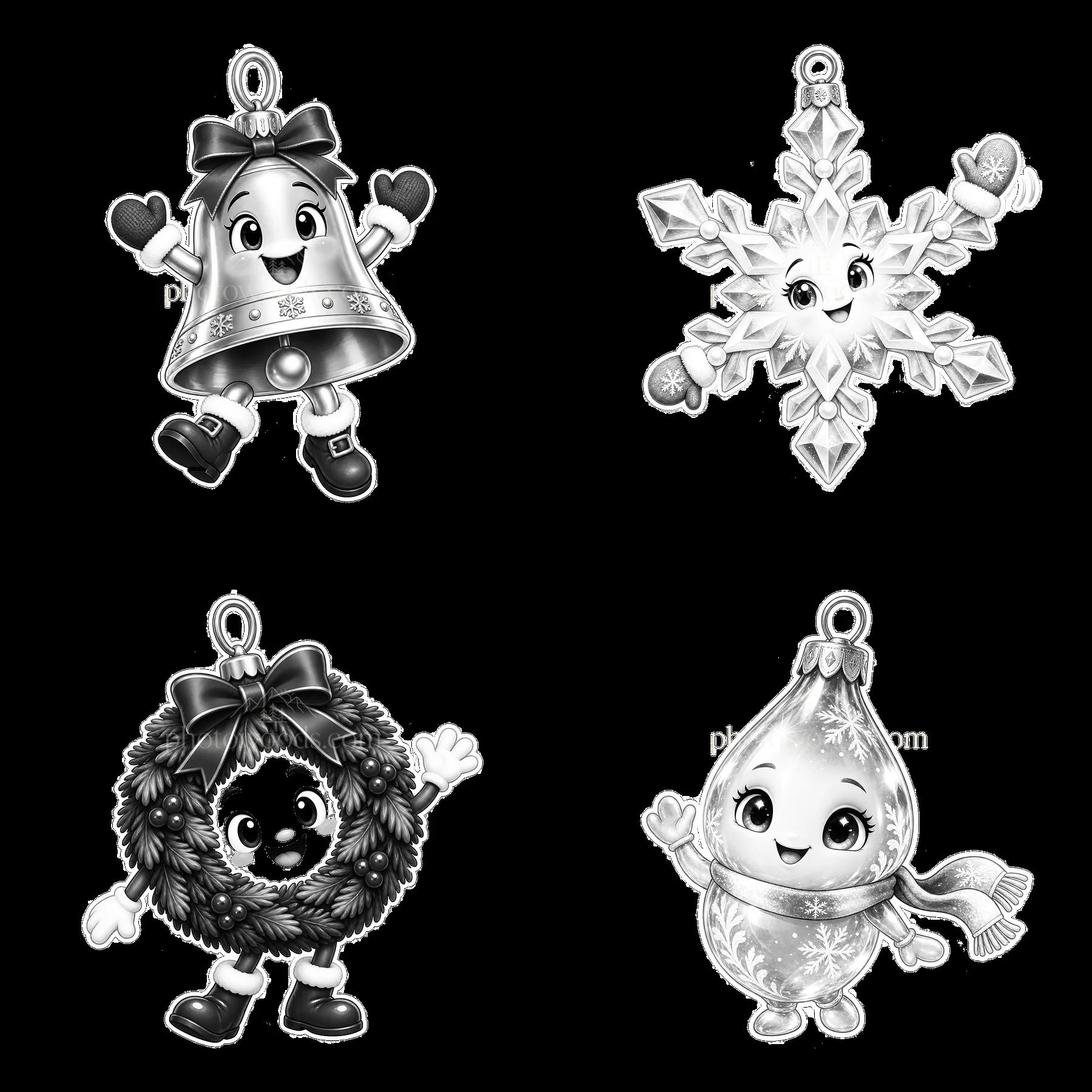 Funny Christmas ornament cartoon characters in black and white - AI-generated stock image