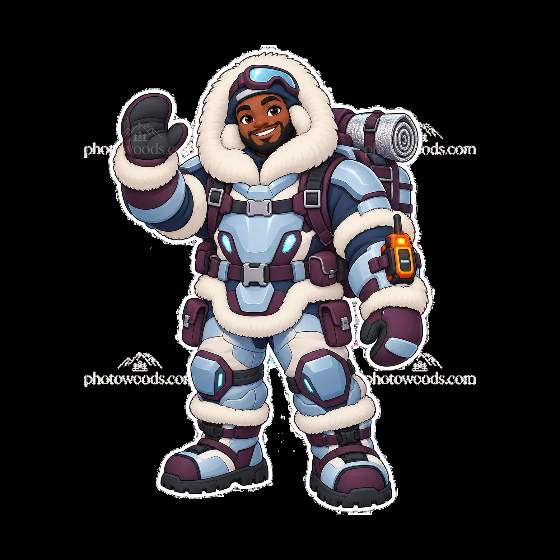 Kawaii futuristic super-soldier with winter gear waving goodbye - AI-generated stock image