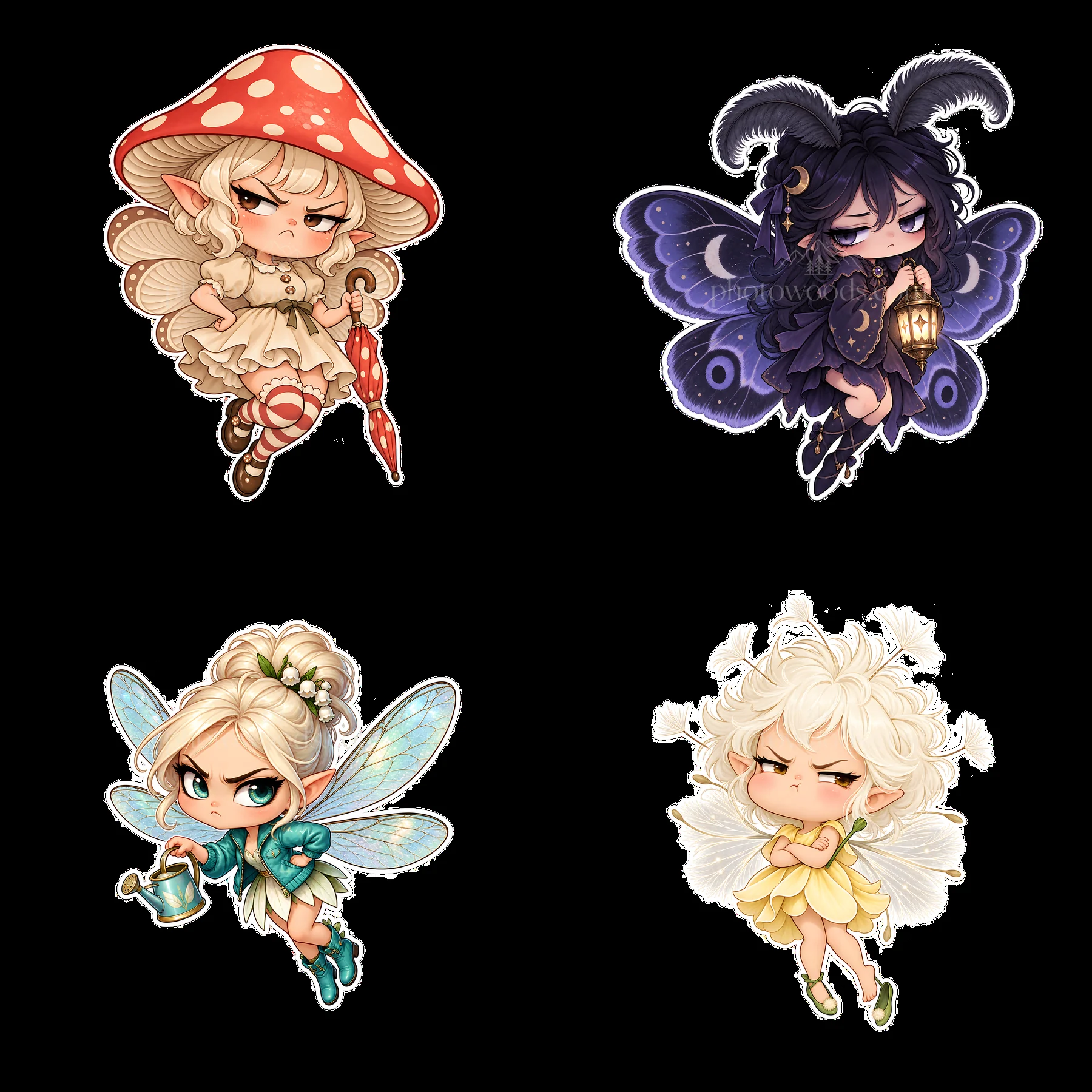 Kawaii grumpy fairies with accessories in various poses - AI-generated stock image