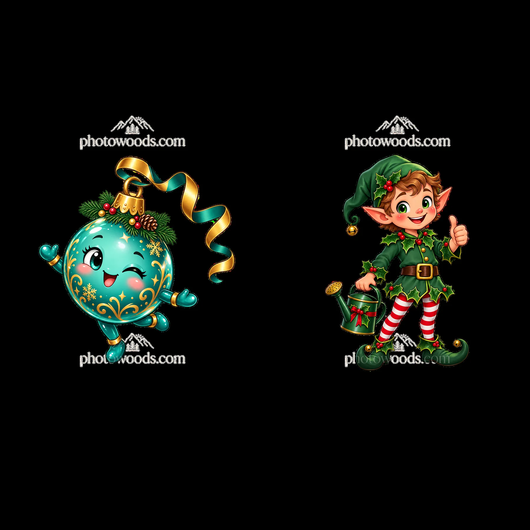 Christmas ornament and cheerful elf with watering can - AI-generated stock image