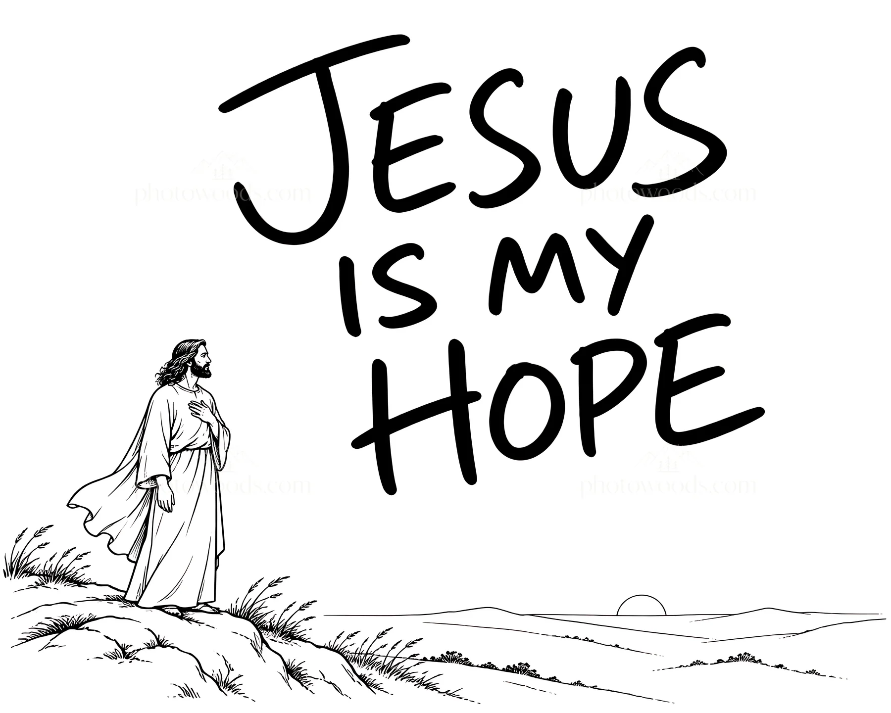 Jesus Christ stands on a hillside expressing hope - AI-generated stock image
