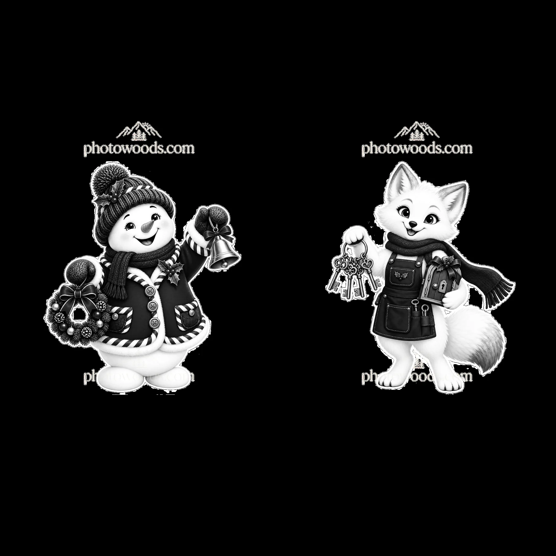 Snowman and fox holding Christmas decorations and keys - AI-generated stock image