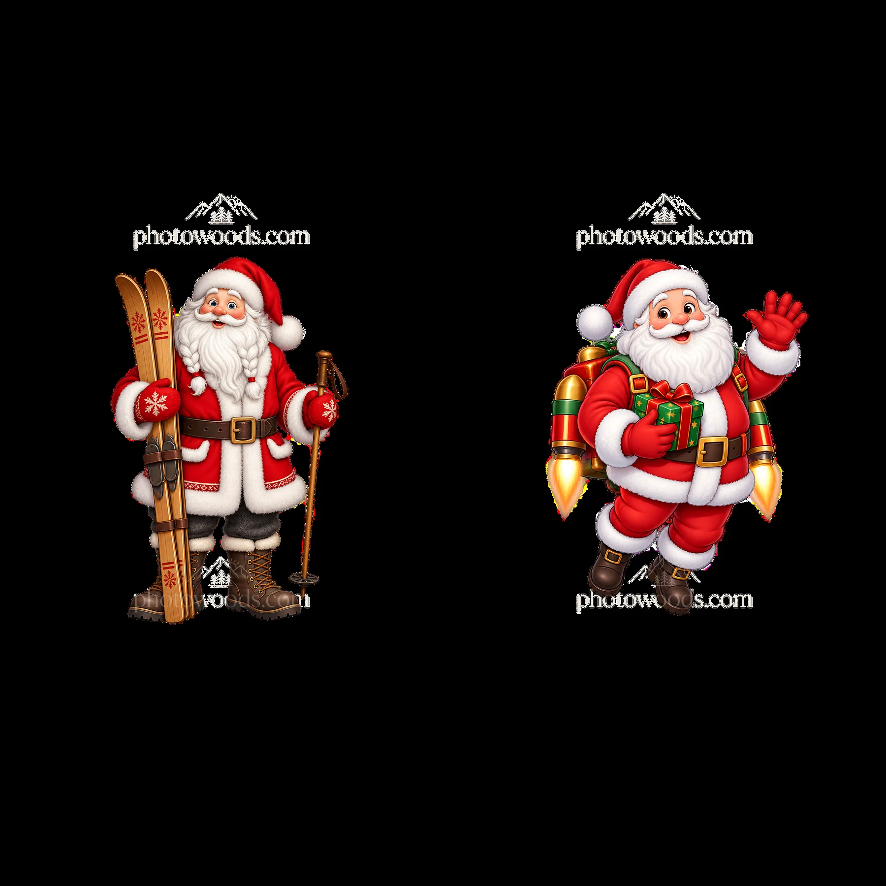 Santa Claus skiing and Santa Claus with jetpack holding gifts - AI-generated stock image