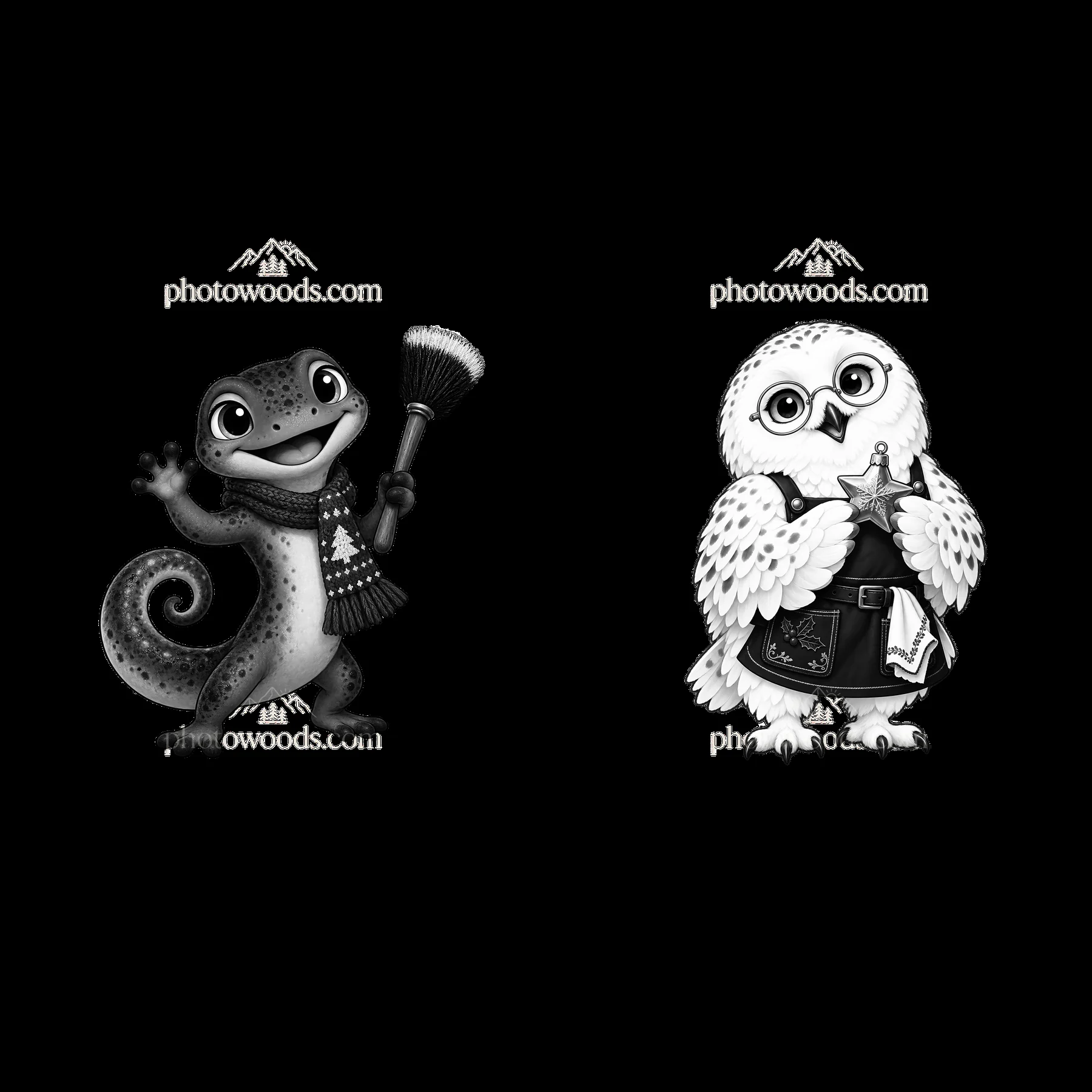 Cartoon gecko and owl preparing for Christmas near fireplace - AI-generated stock image