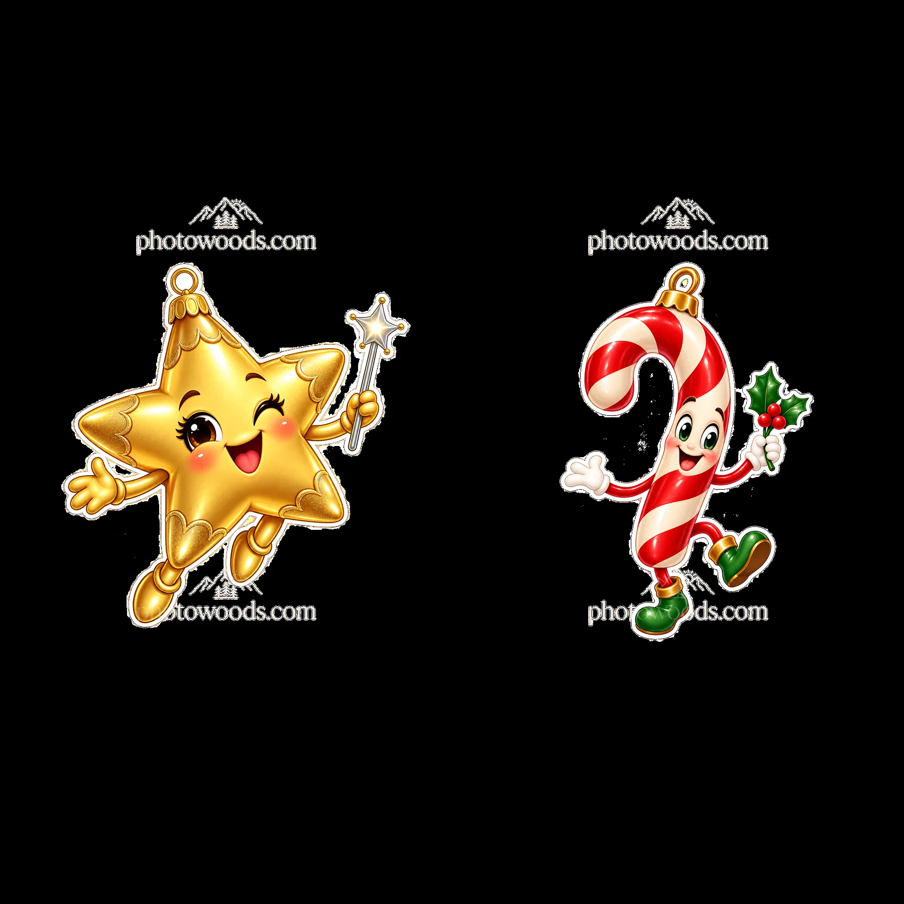 Star and candy cane cartoon ornaments celebrating Christmas - AI-generated stock image