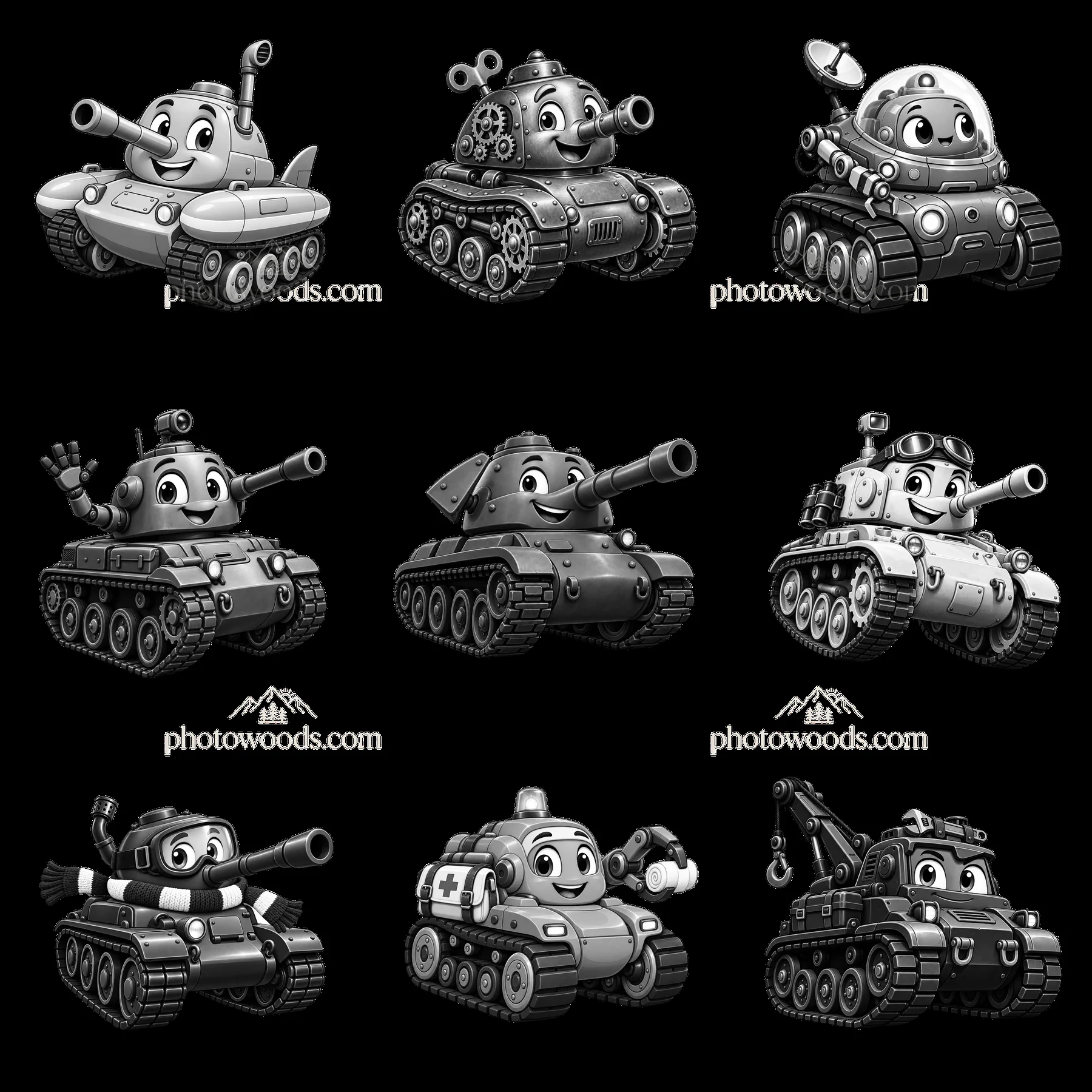Cartoon tanks with friendly faces in a 3x3 arrangement - AI-generated stock image