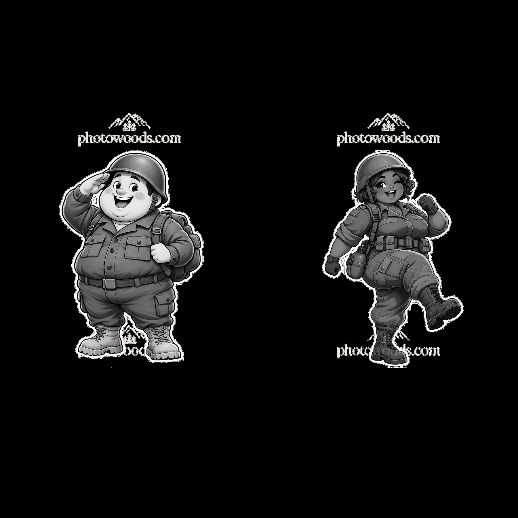 Cute ultra-chubby soldier pair in monochrome illustration - AI-generated stock image