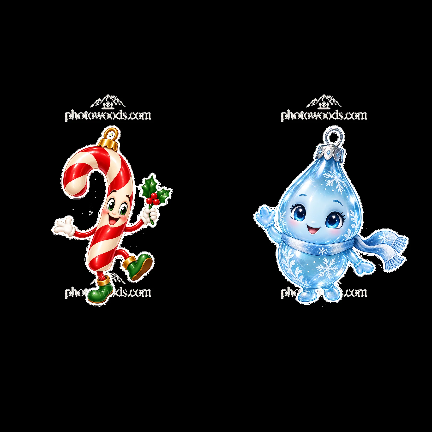 Candy cane character and snowdrop ornament for Christmas - AI-generated stock image