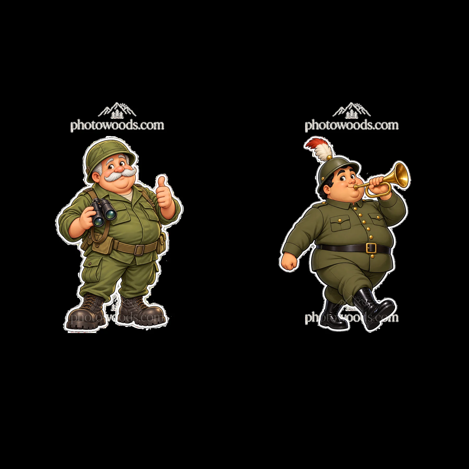 Cute ultra-chubby soldier characters in action with camera and trumpet - AI-generated stock image