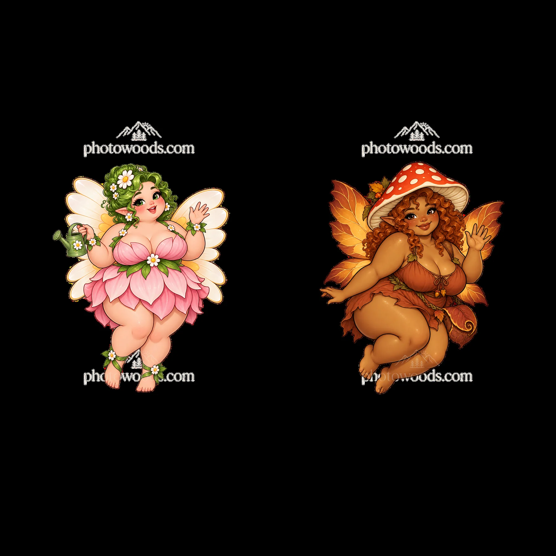 Kawaii ultra-fat fairies with flower and mushroom themes - AI-generated stock image