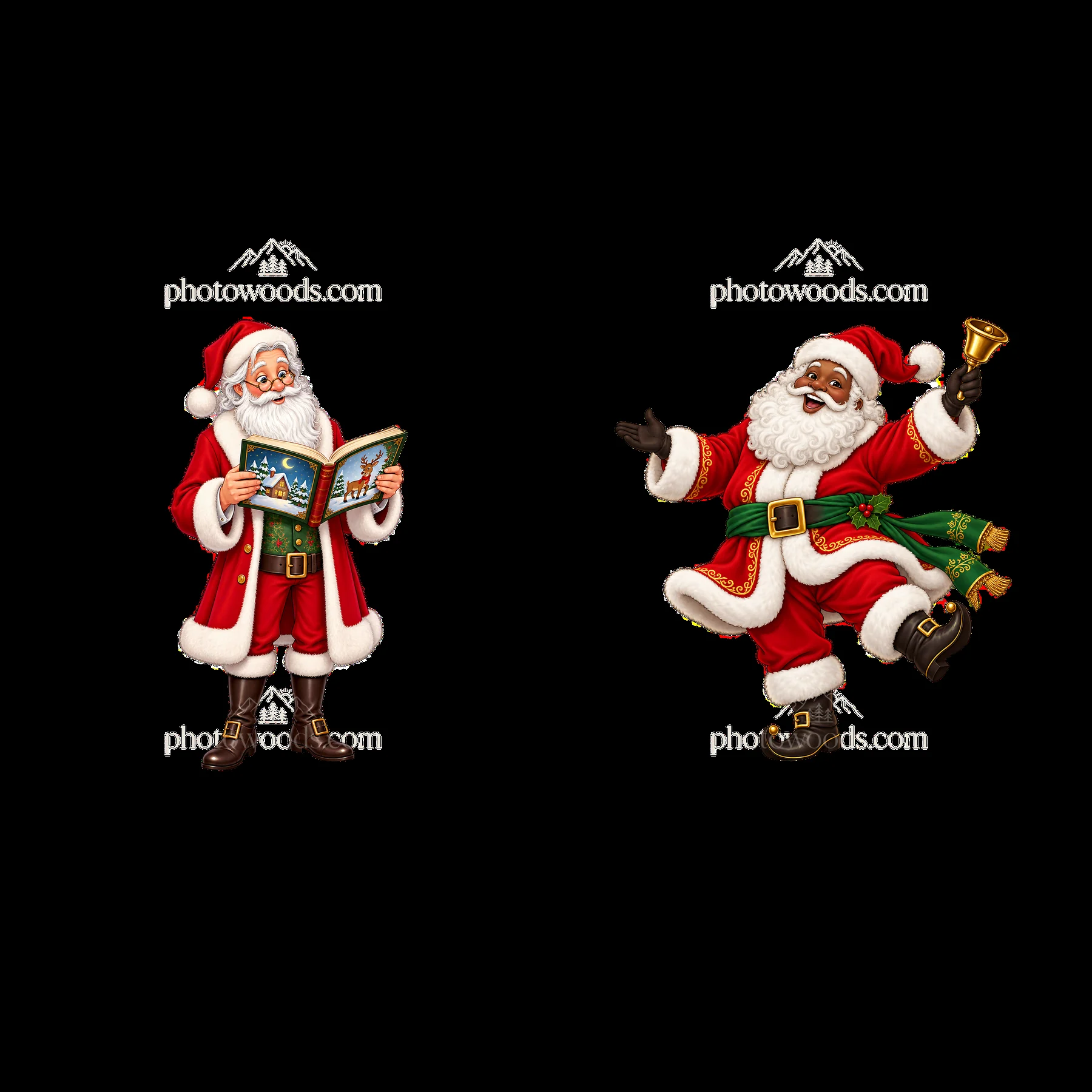 Santa Claus reading a book and dancing with a bell - AI-generated stock image