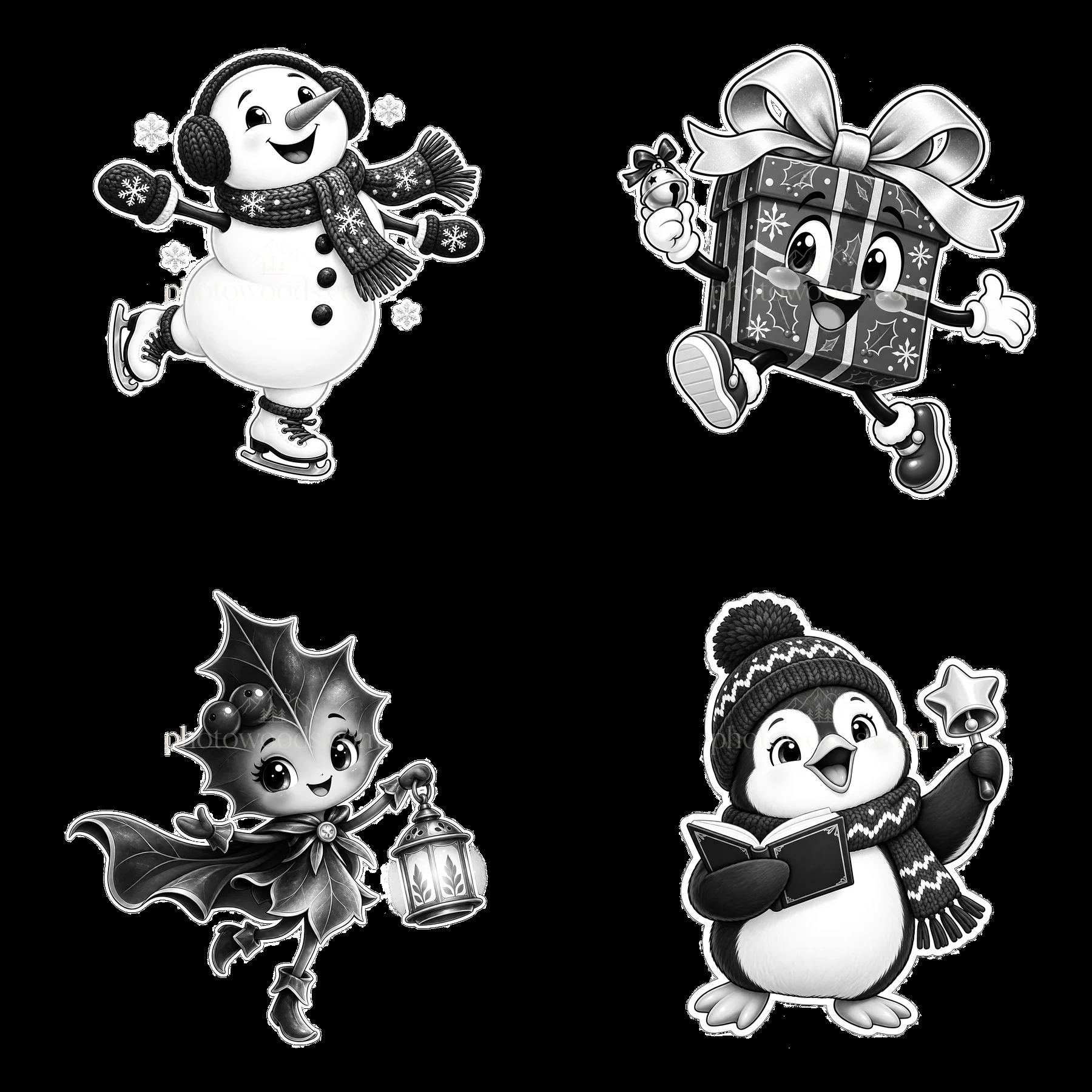 Black and white Christmas cartoons skating and celebrating - AI-generated stock image