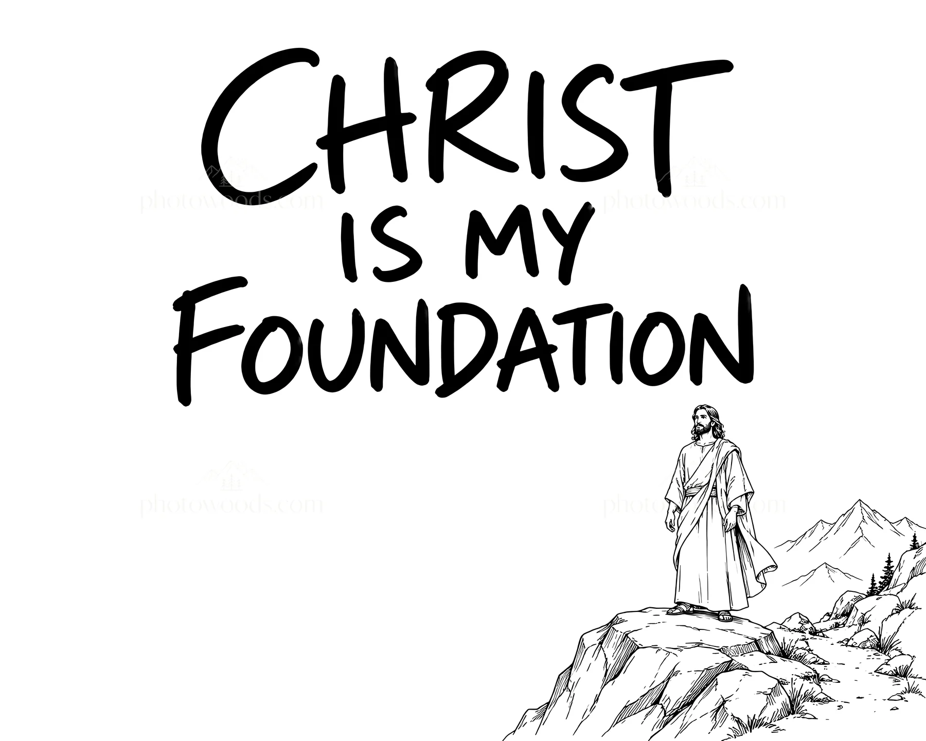 Jesus Christ standing on a rock with the words Christ is my foundation - AI-generated stock image