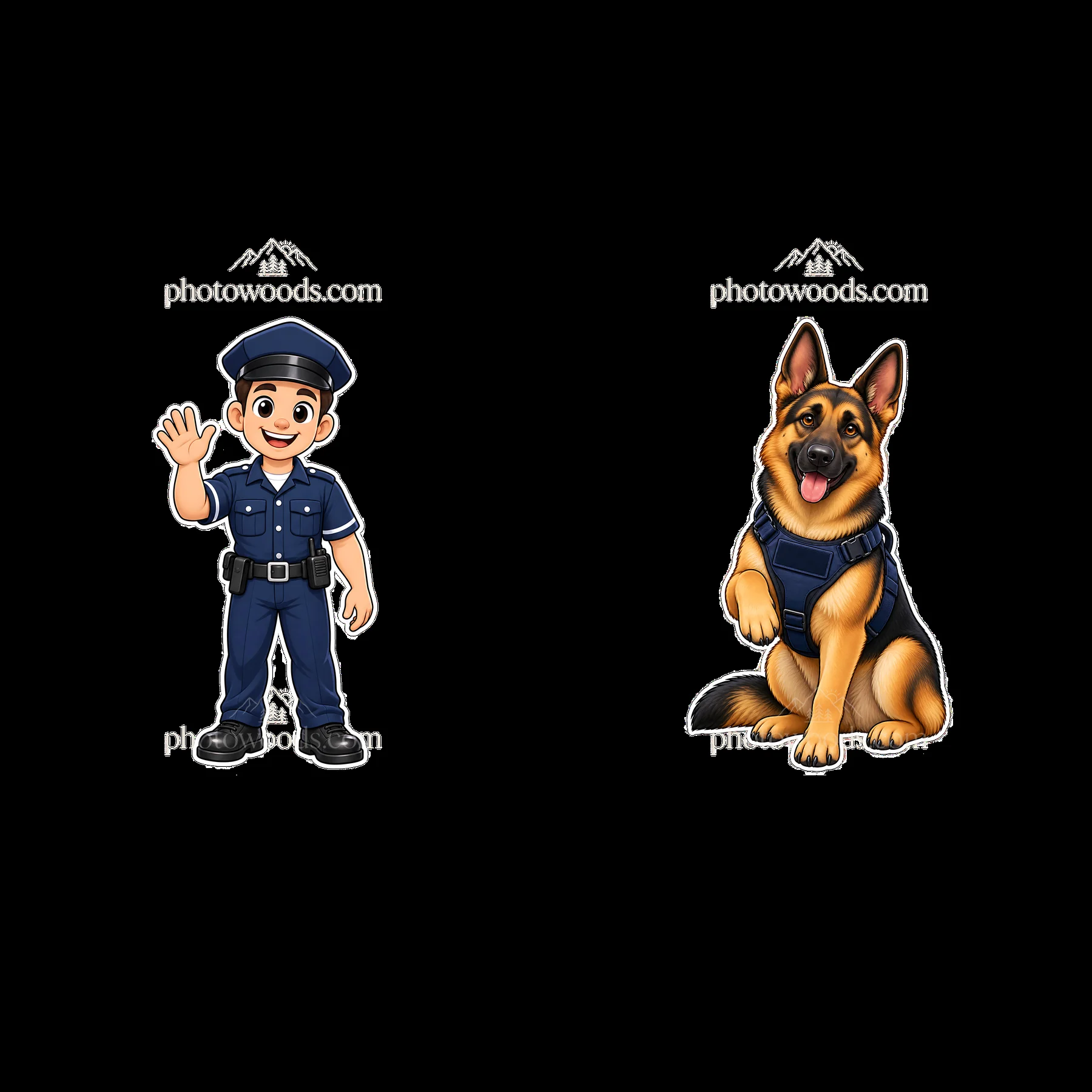 Cartoon police officer and dog sticker pair for fun designs - AI-generated stock image
