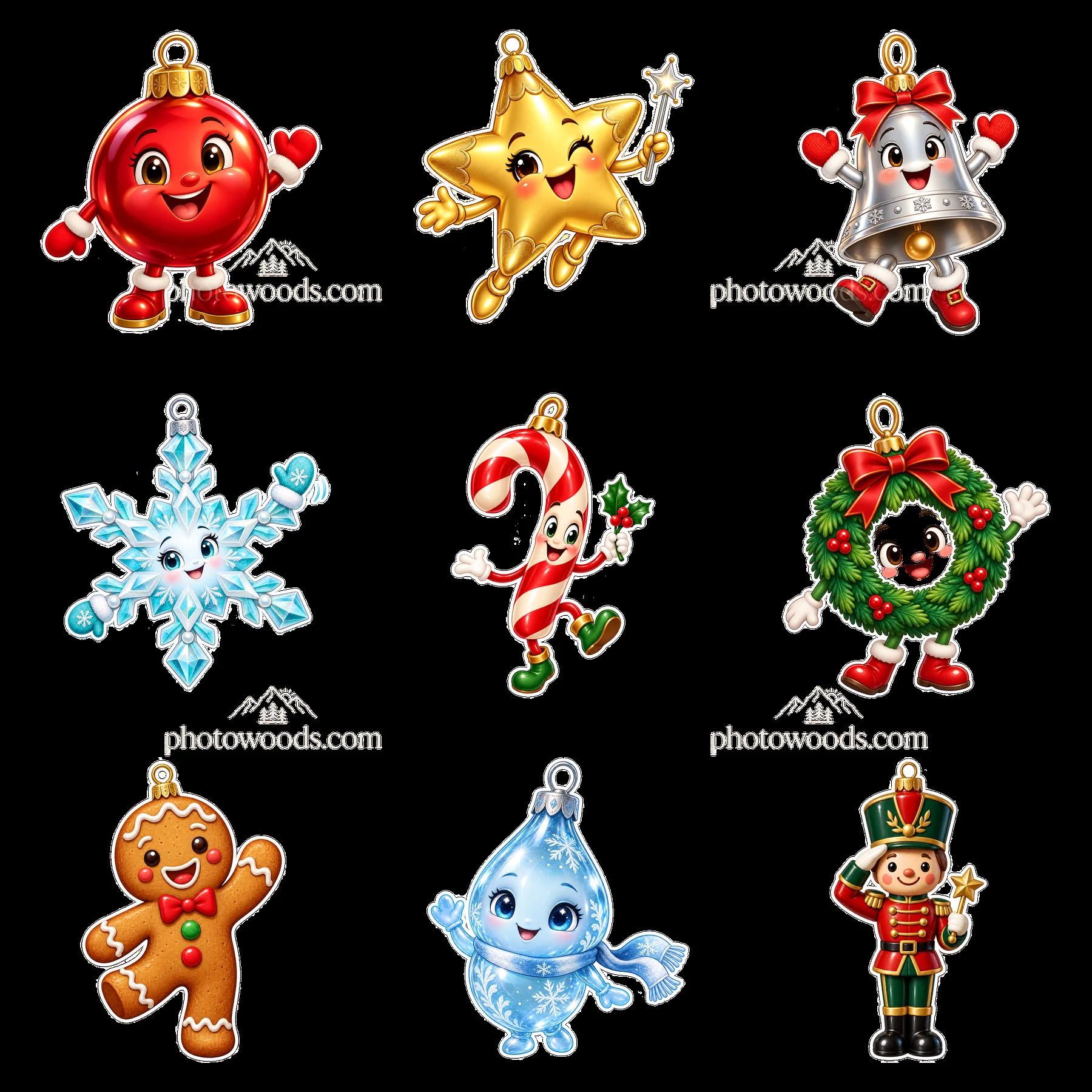 Christmas ornaments featuring cheerful characters in a 3x3 layout - AI-generated stock image