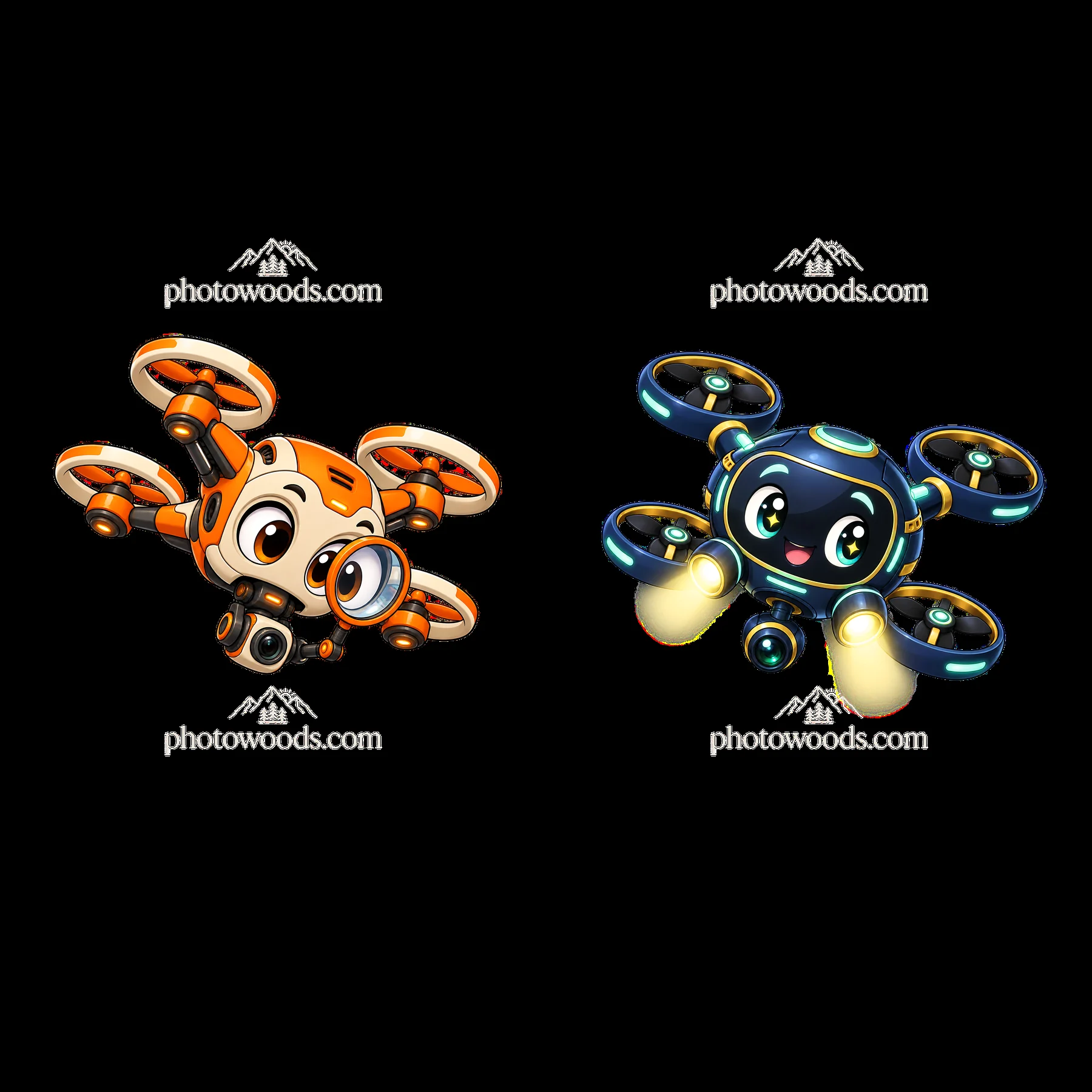 Cartoon drones with cute faces and distinct colors in pair - AI-generated stock image