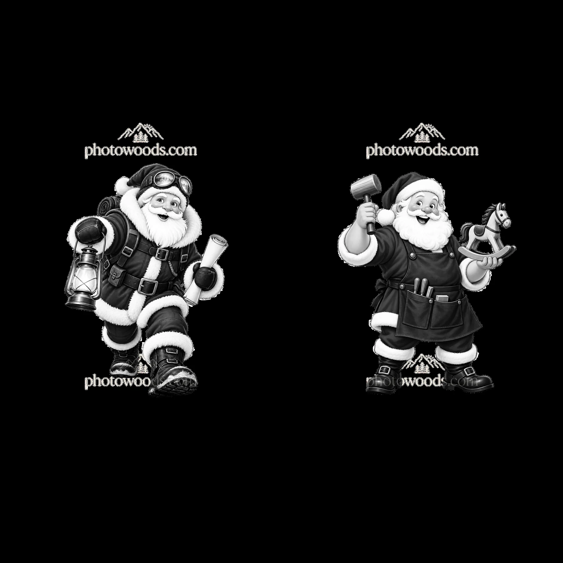 Two Santa Claus characters with different accessories in monochrome - AI-generated stock image