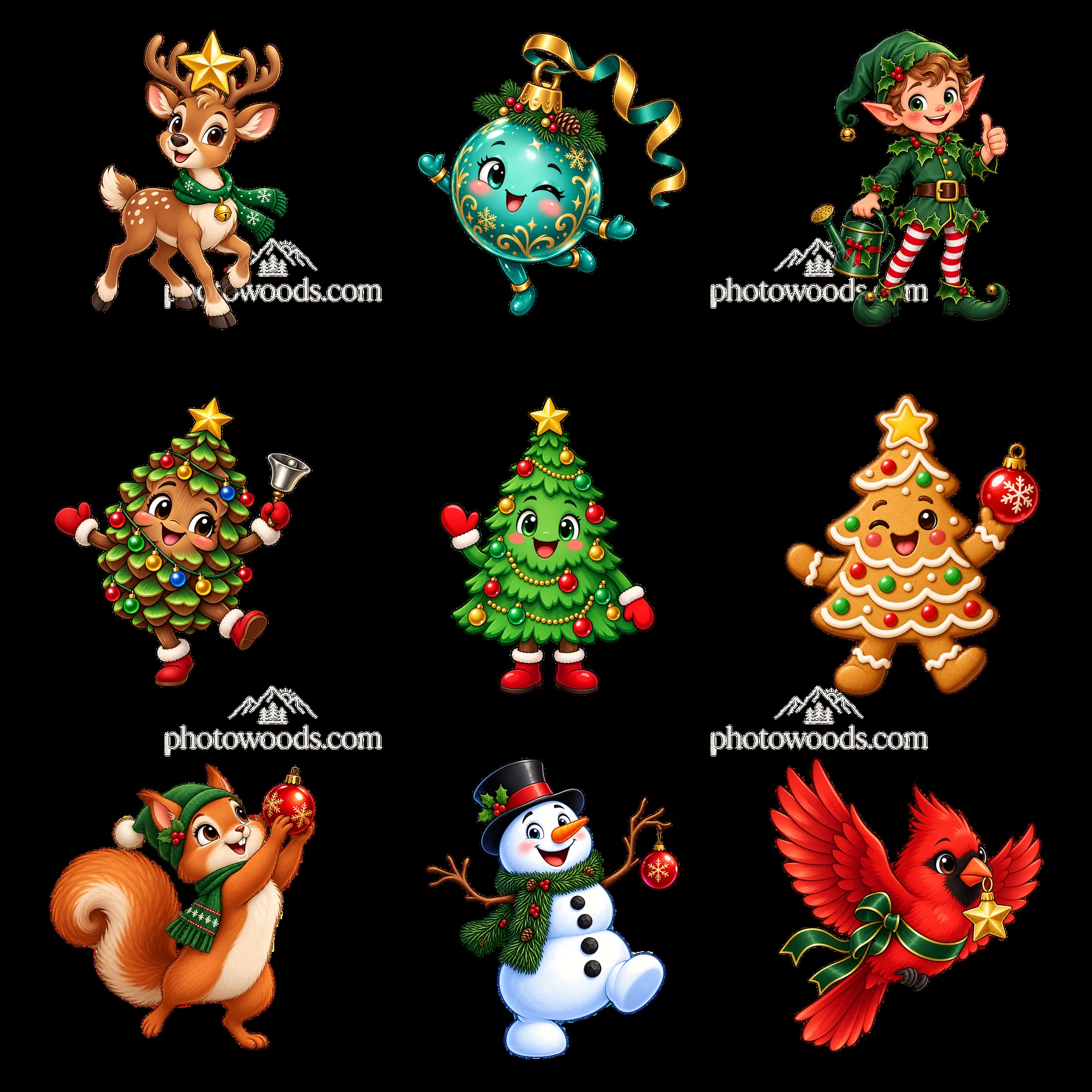 Christmas tree cartoon characters in a festive arrangement - AI-generated stock image