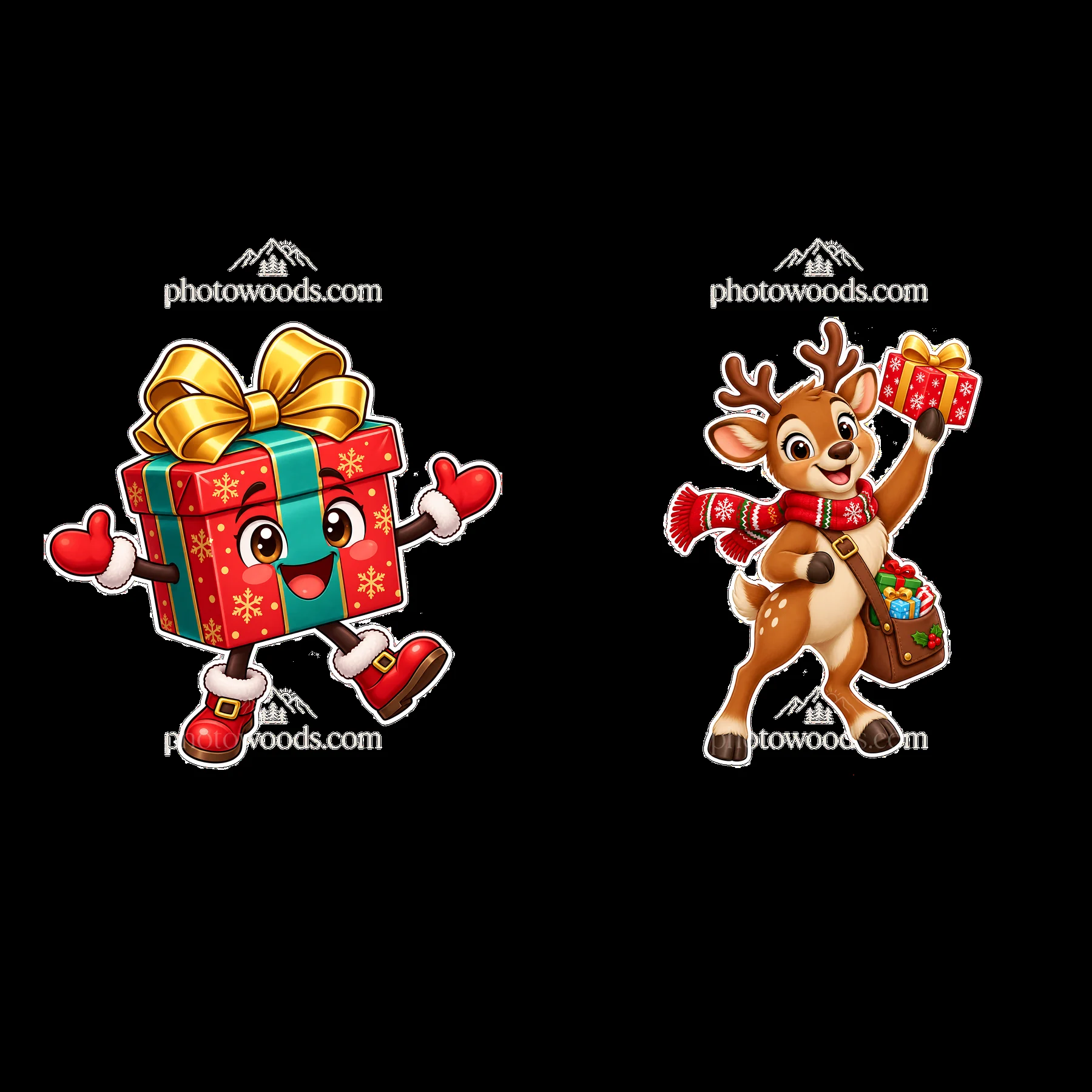 Cheerful gift box and reindeer holding Christmas presents - AI-generated stock image