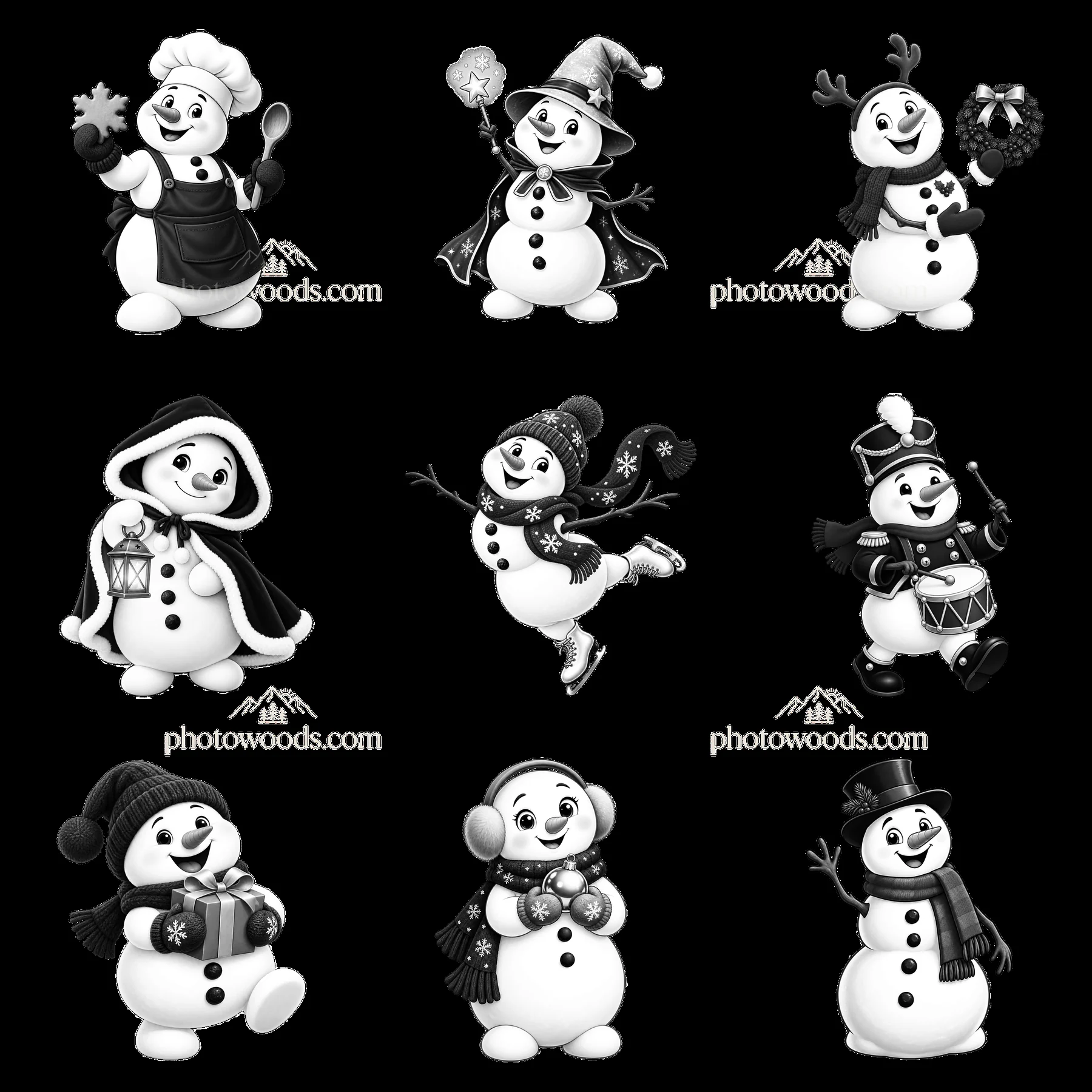 Christmas snowmen in various holiday activities in 3x3 grid - AI-generated stock image