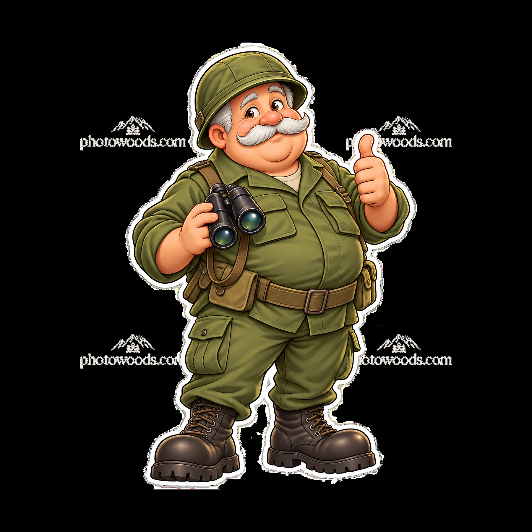 Cute chubby soldier with binoculars giving a thumbs up - AI-generated stock image