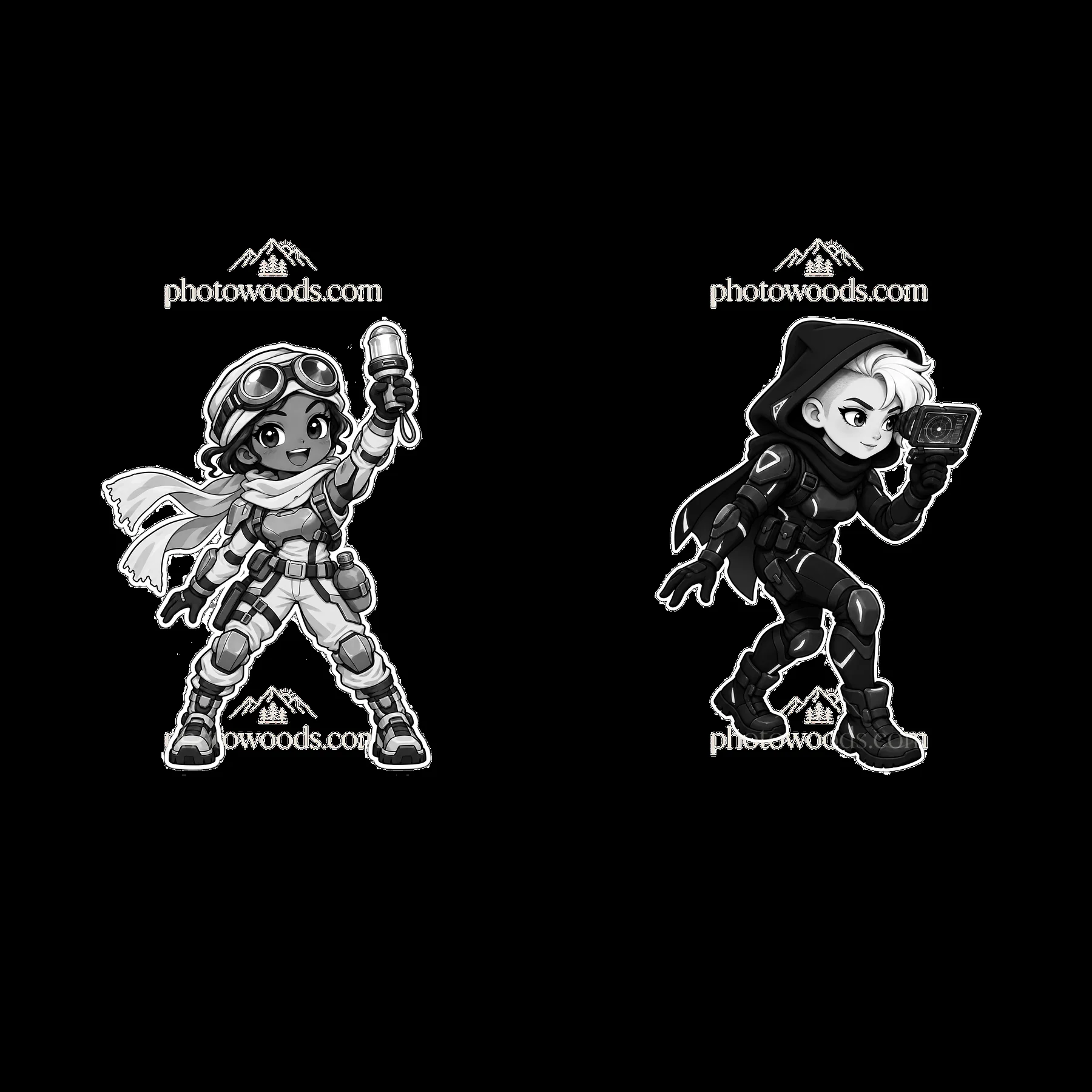 Kawaii futuristic super-soldiers in dynamic action poses - AI-generated stock image