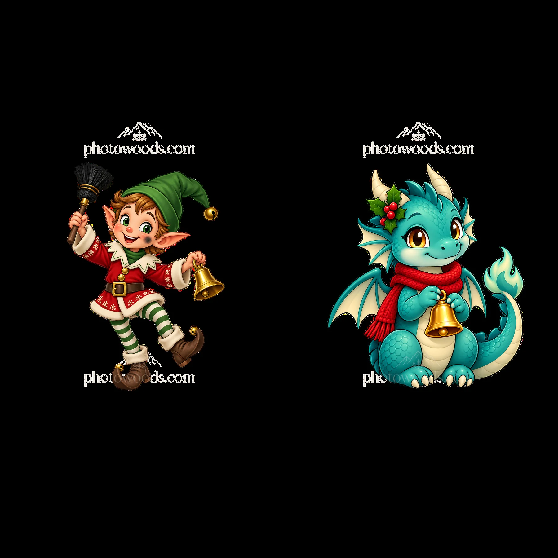 Christmas elf and dragon holding bells near fireplace - AI-generated stock image