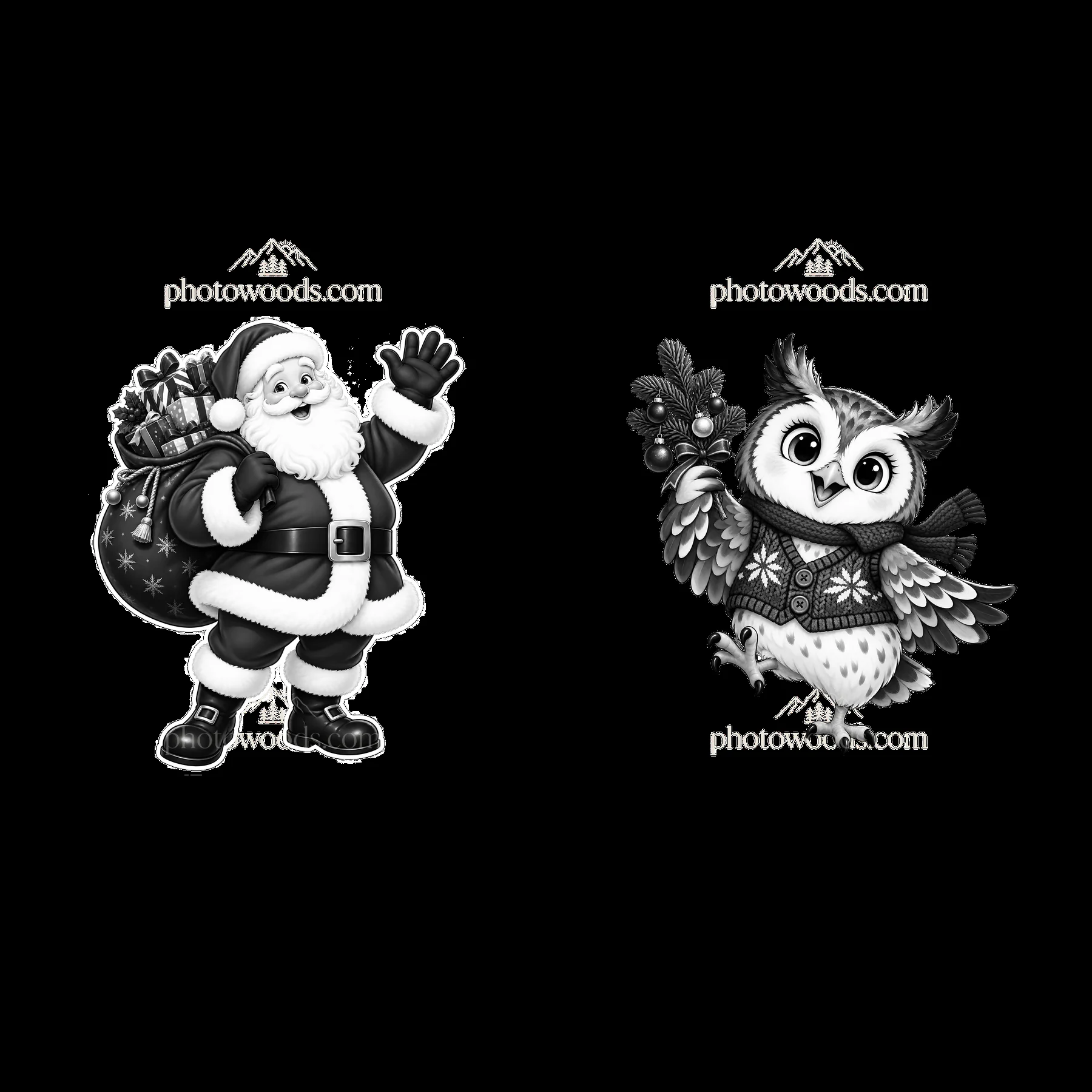 Santa Claus waving with a decorated owl in a Christmas scene - AI-generated stock image