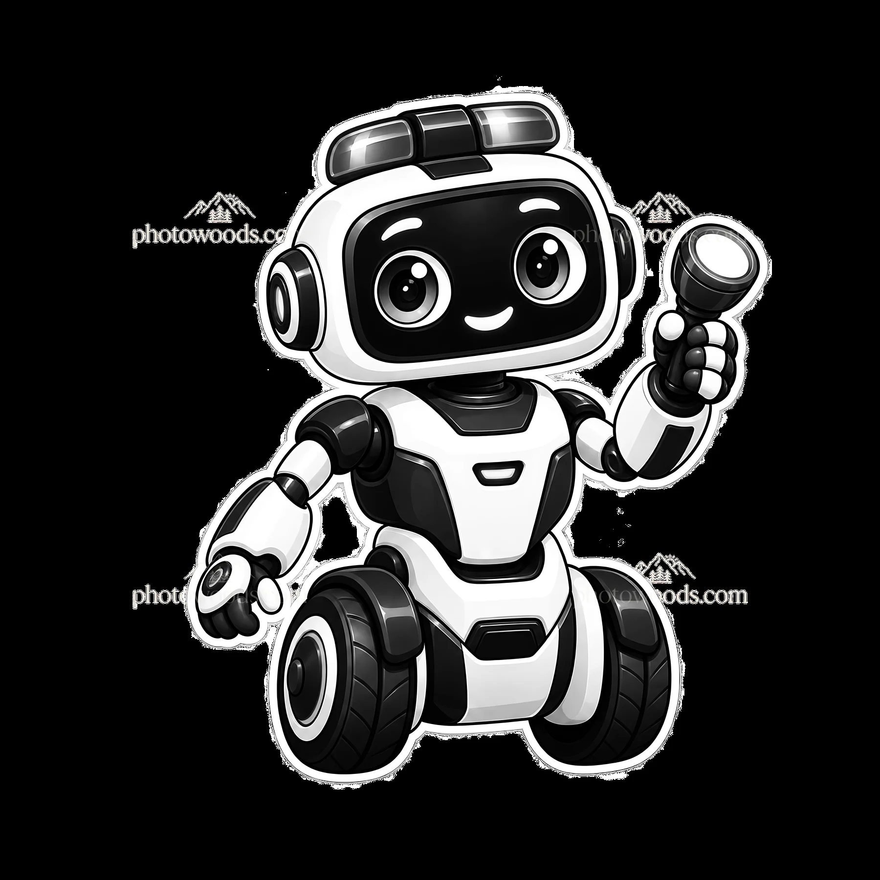 Robot holding a flashlight in a monochrome cartoon style - AI-generated stock image