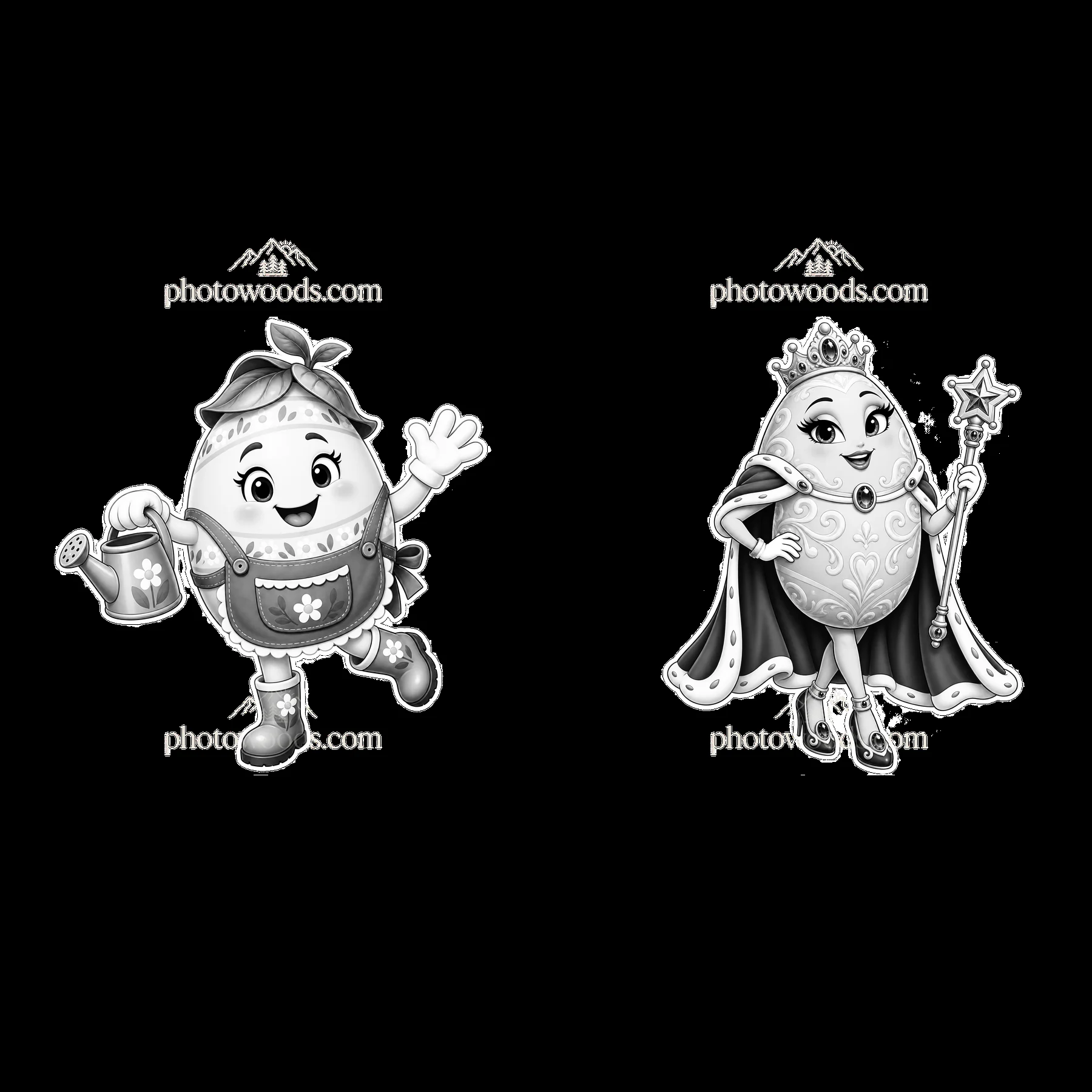 Cartoon easter egg characters with watering can and crown - AI-generated stock image