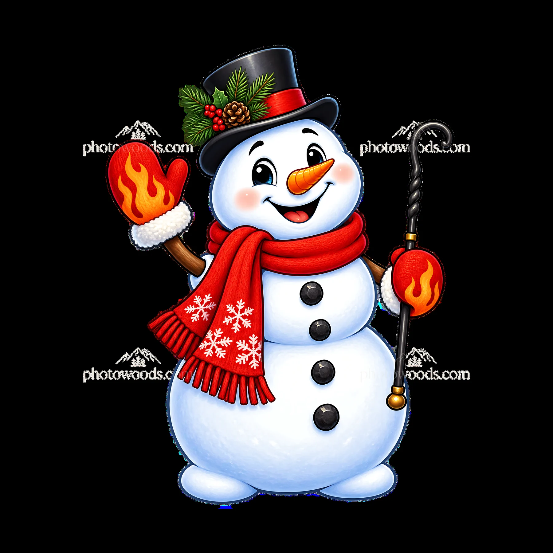 Cheerful snowman with warm accessories waving for Christmas - AI-generated stock image
