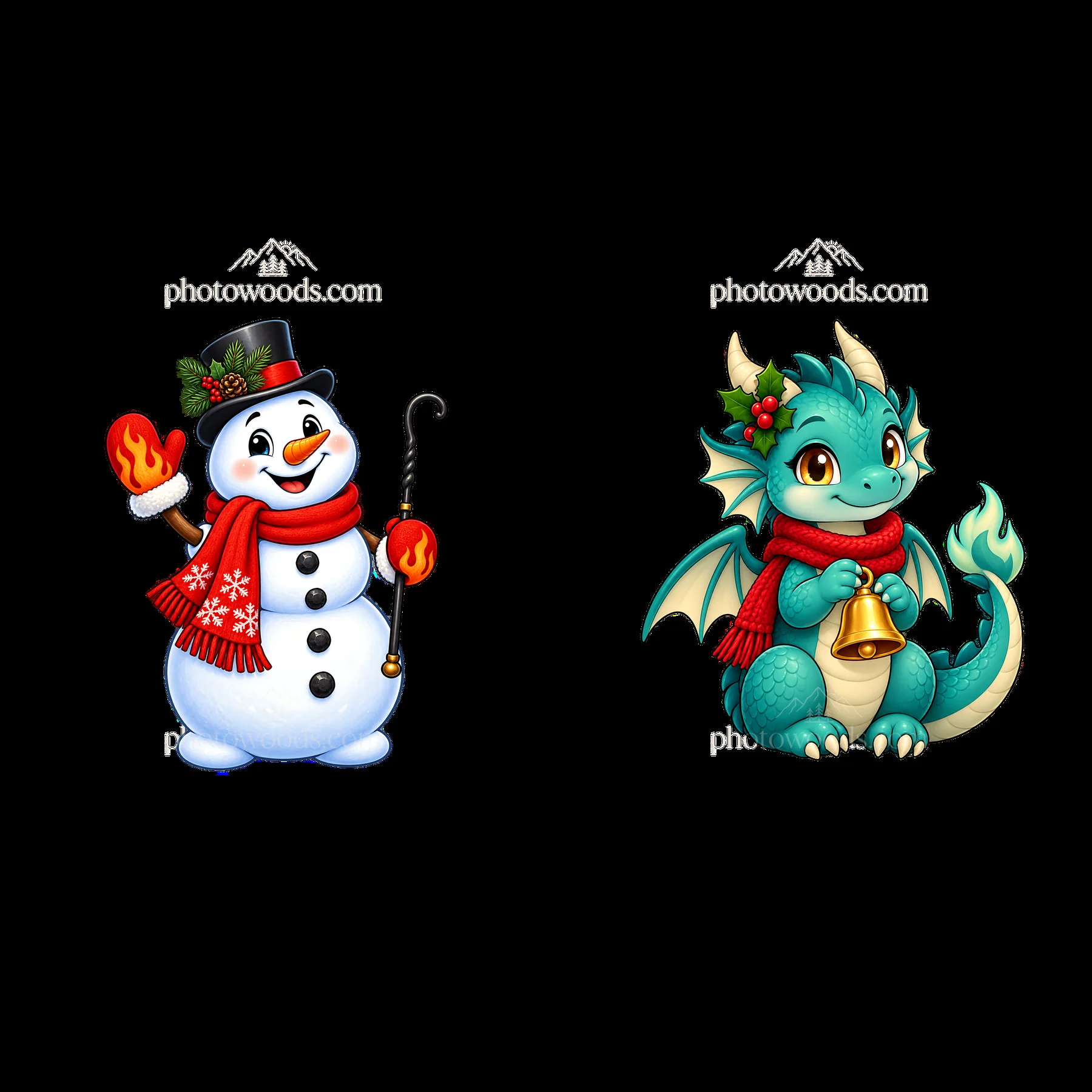 Christmas dragon and snowman characters with scarves - AI-generated stock image