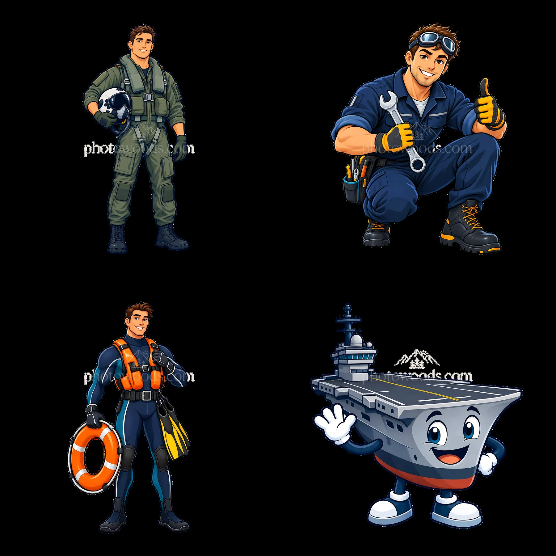 Cartoon sticker characters related to aircraft carriers and pilots - AI-generated stock image