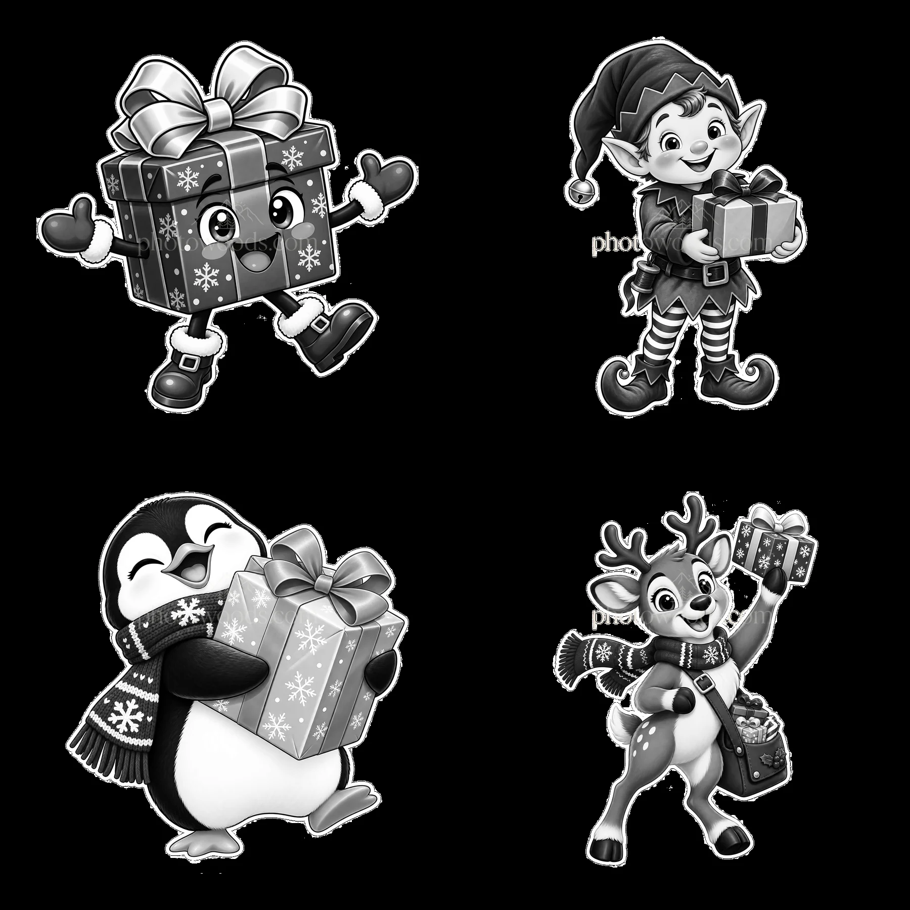 Cartoon characters holding Christmas presents in a square layout - AI-generated stock image