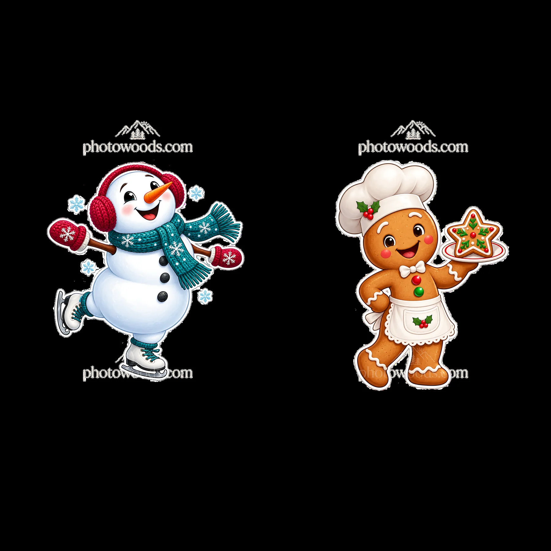 Snowman skating with a gingerbread man chef holding a cookie - AI-generated stock image