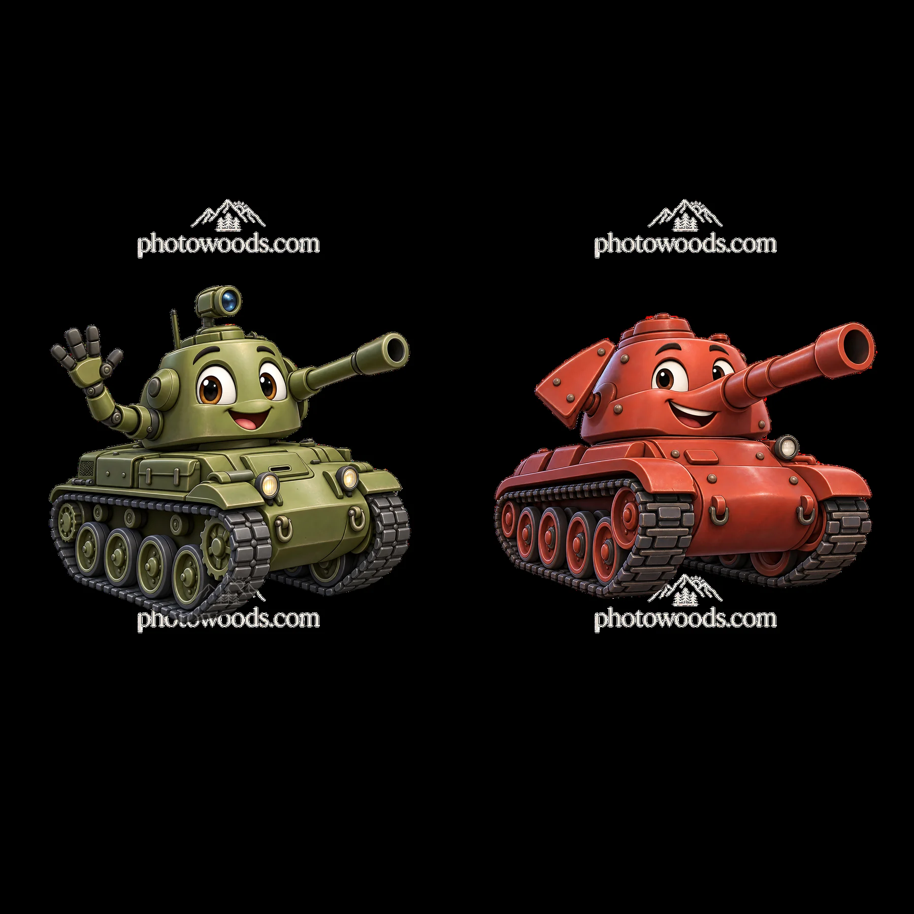 Cartoon tank characters with cheerful expressions and friendly poses - AI-generated stock image