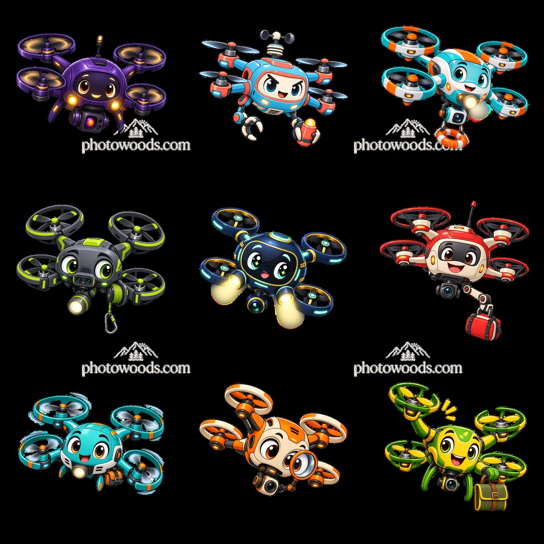 Colorful cartoon drones in a grid layout for fun design projects - AI-generated stock image