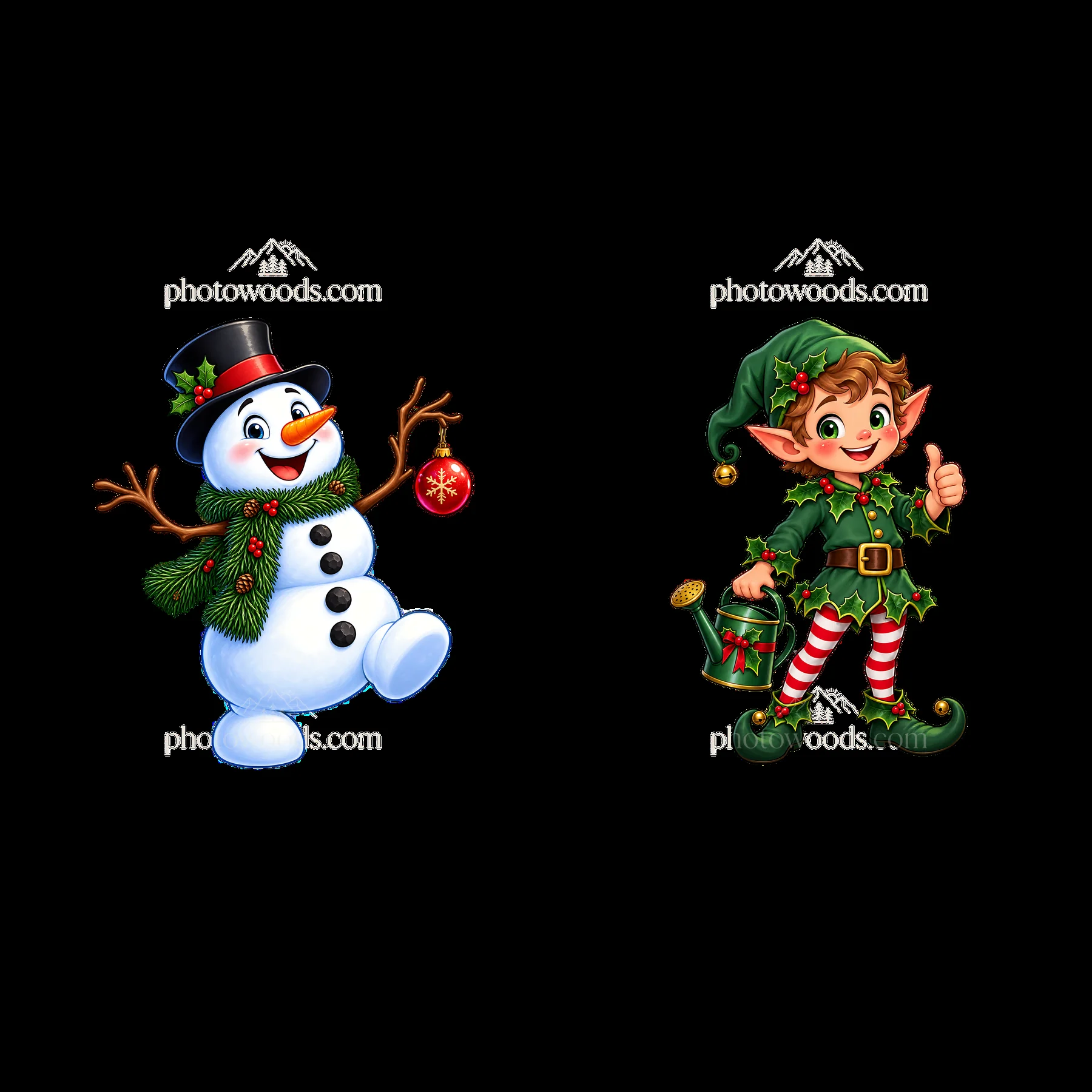 Snowman and elf with Christmas ornaments and decorations - AI-generated stock image