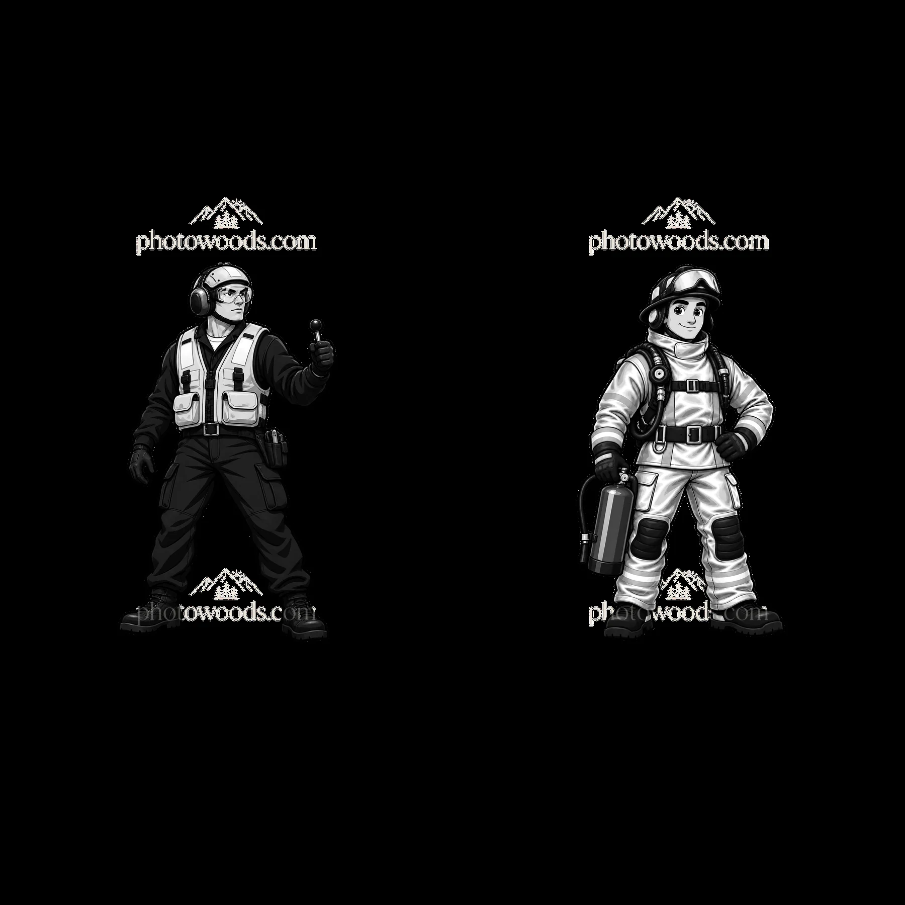 Cartoon stickers of a deck officer and firefighter on a carrier - AI-generated stock image