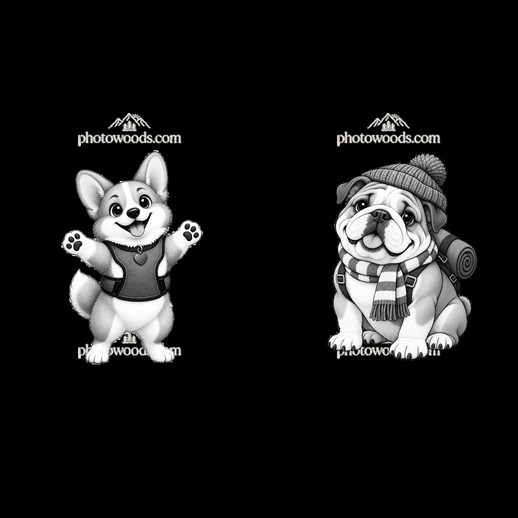 Cute cartoon K-9 dogs with accessories ready for adventure - AI-generated stock image
